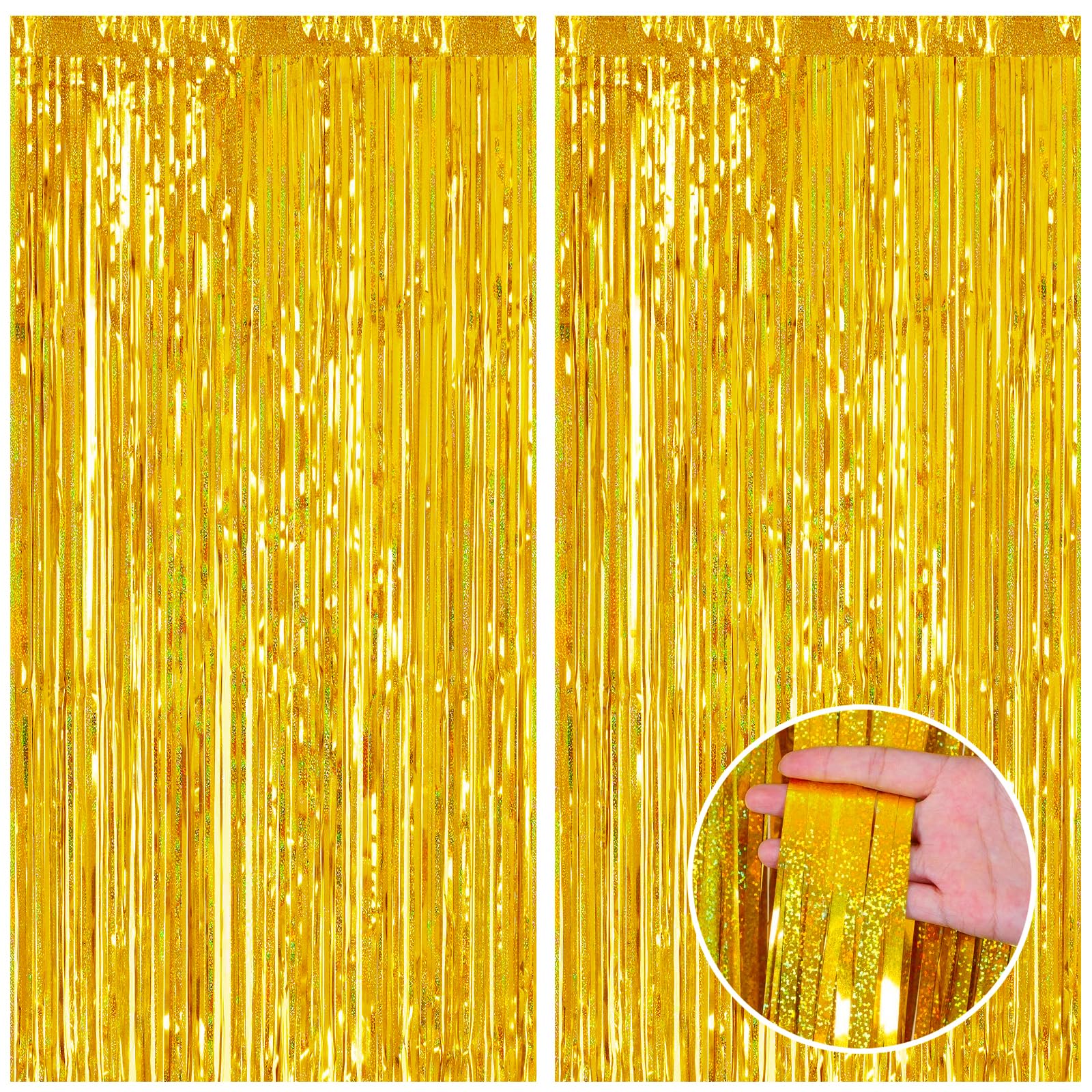 Canrevel 2 Pack 3.3X8.2 Feet Laser Gold Foil Fringe Backdrop Curtains, Tinsel Streamers Birthday Party Decorations, Fringe Backd