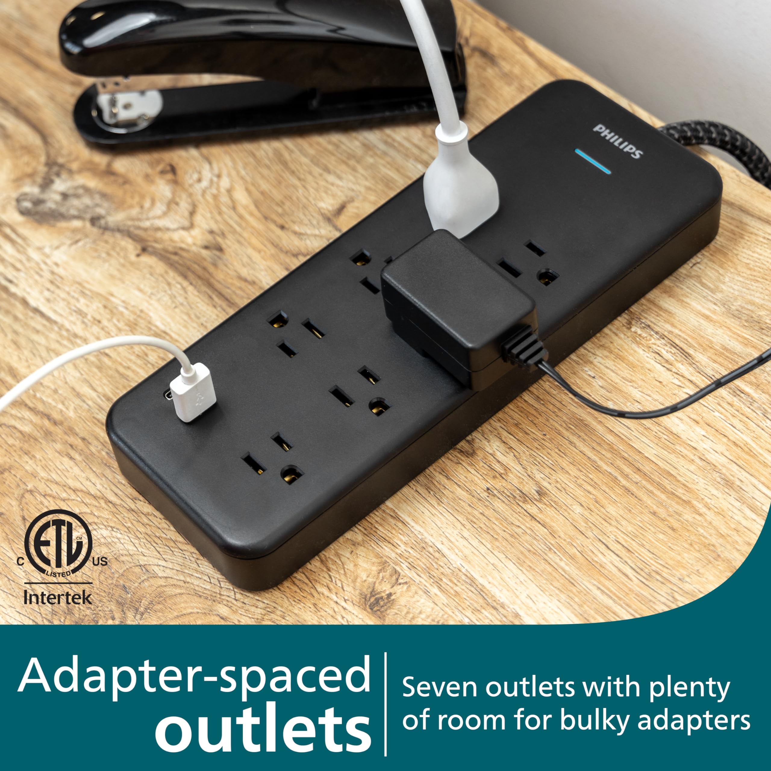 Philips 7 Outlet Surge Protector, 6 Ft Braided Extension Cord, Adapter Spaced, 1 Usb A, 1 Usb C, 15W, 1500J, Black, Spp3703B/37