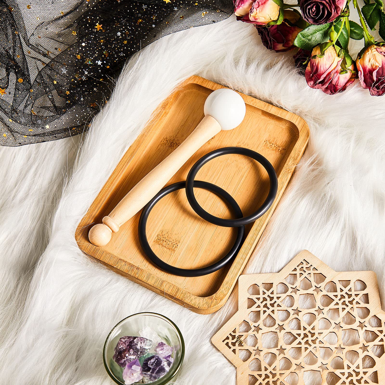 Nuanchu 4 Pcs Crystal Singing Bowl Mallet Bowl Striker And O Ring Set, Include 2 Rubber Head Wood Handle Mallet With 2 Rubber O