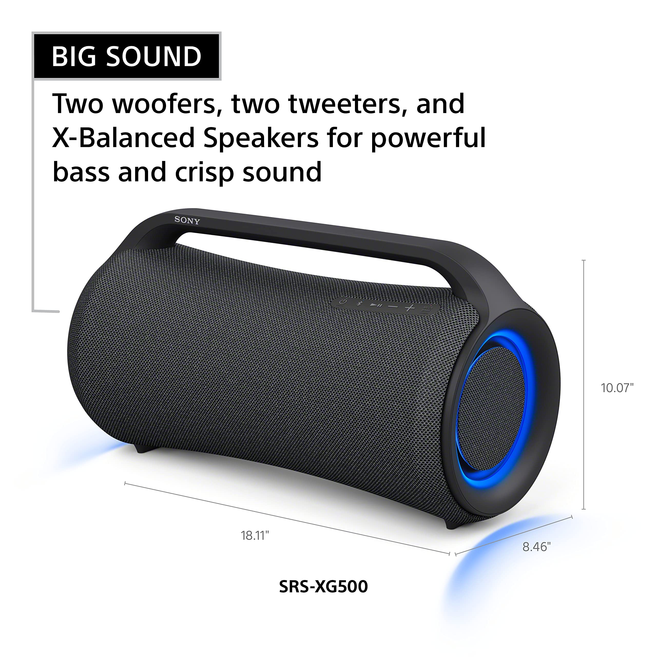 Sony SRS XG500 X Series Wireless Portable Bluetooth Boombox Party Speaker with Big Powerful Sound, IP66 Water resistant and Dustproof, 30 Hour Battery, LED Ring Lighting for Home and Outdoor