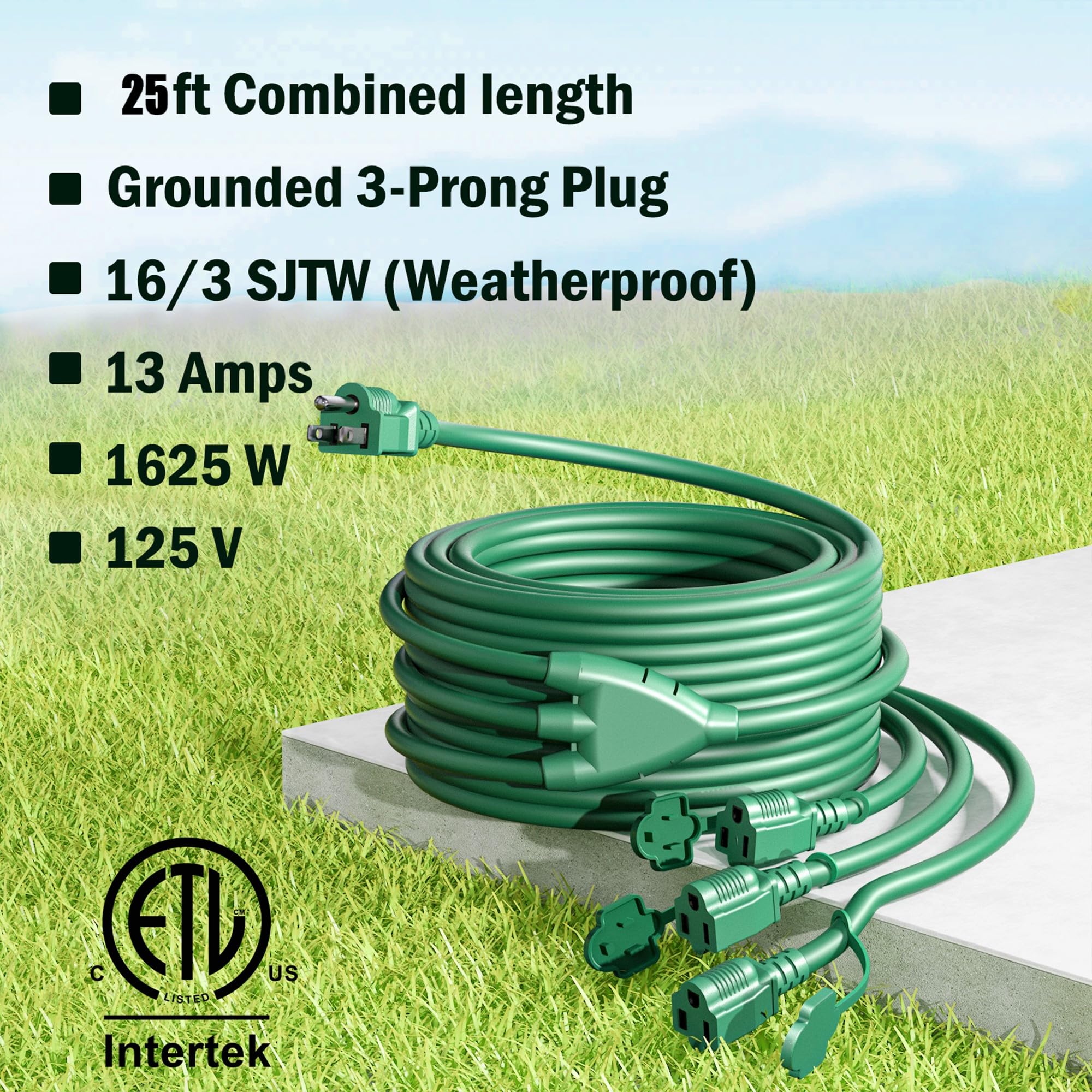 Eversimpleinc 1 To 3 Splitter Extension Cord (Combined 25 Ft, End To End 13 Ft), 3 Prong Plug With 3 Extended Outlets, With Weat