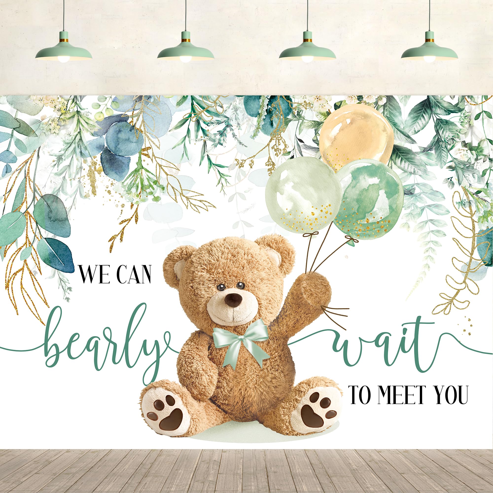 Imirell Bear Baby Shower Backdrop 7Wx5H Feet We Can Bearly Wait Spring Green Leaves Watercolor Eucalyptus Polyester Fabric Carto