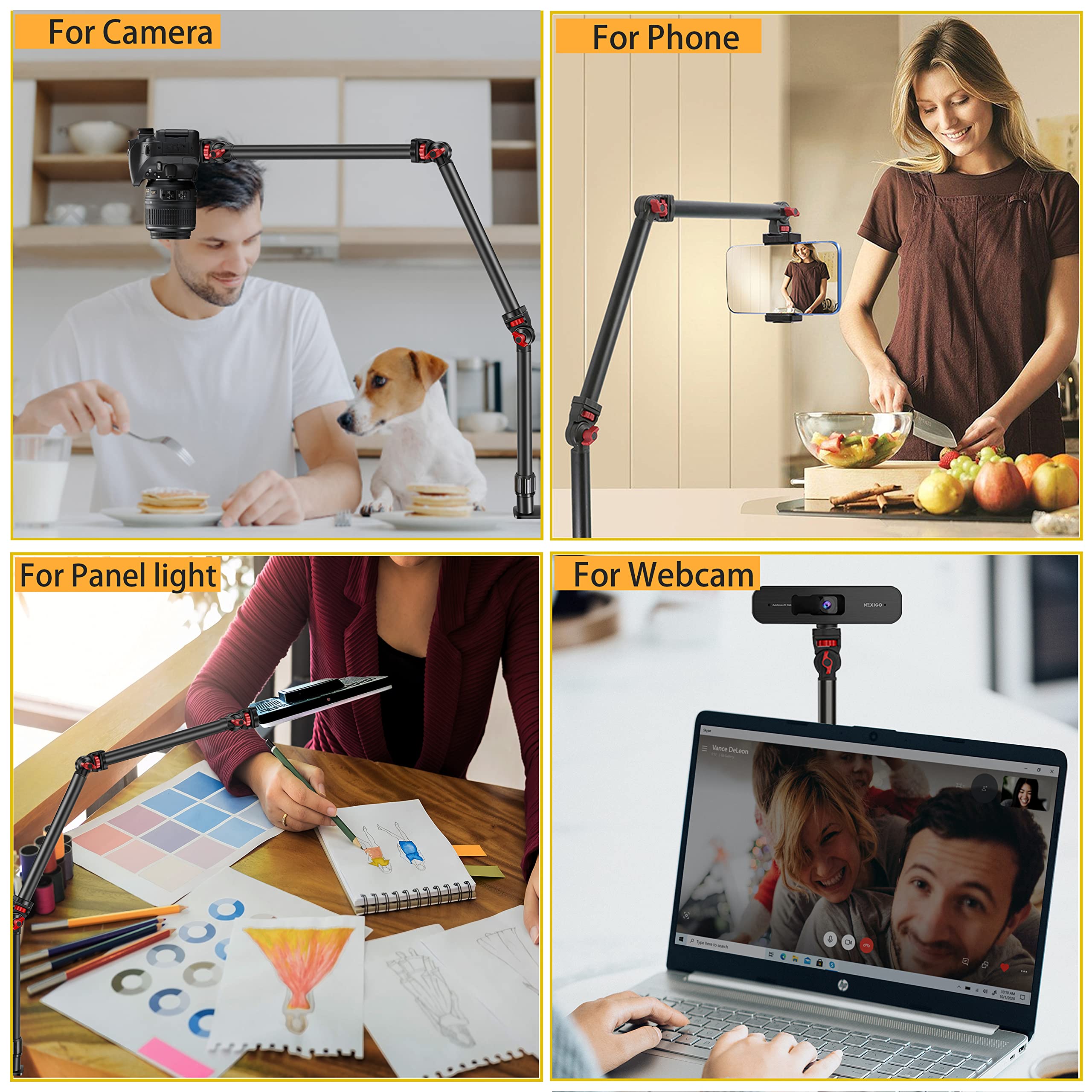 Overhead Camera Mount Desk Stand, 3 Section Flexible Detachable Articulating Arm With 1/4 3/8'' 5/8'' Screw&360 Ball Head, C Cla