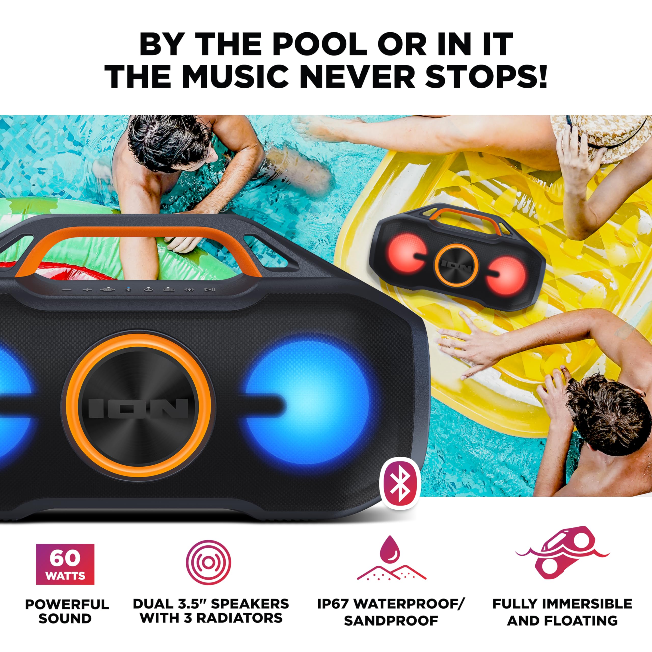 Ion Aquasport Max Waterproof 60W Portable Bluetooth Party Speaker With Lights, Battery, Built-In Microphone, Radio And Aux Input