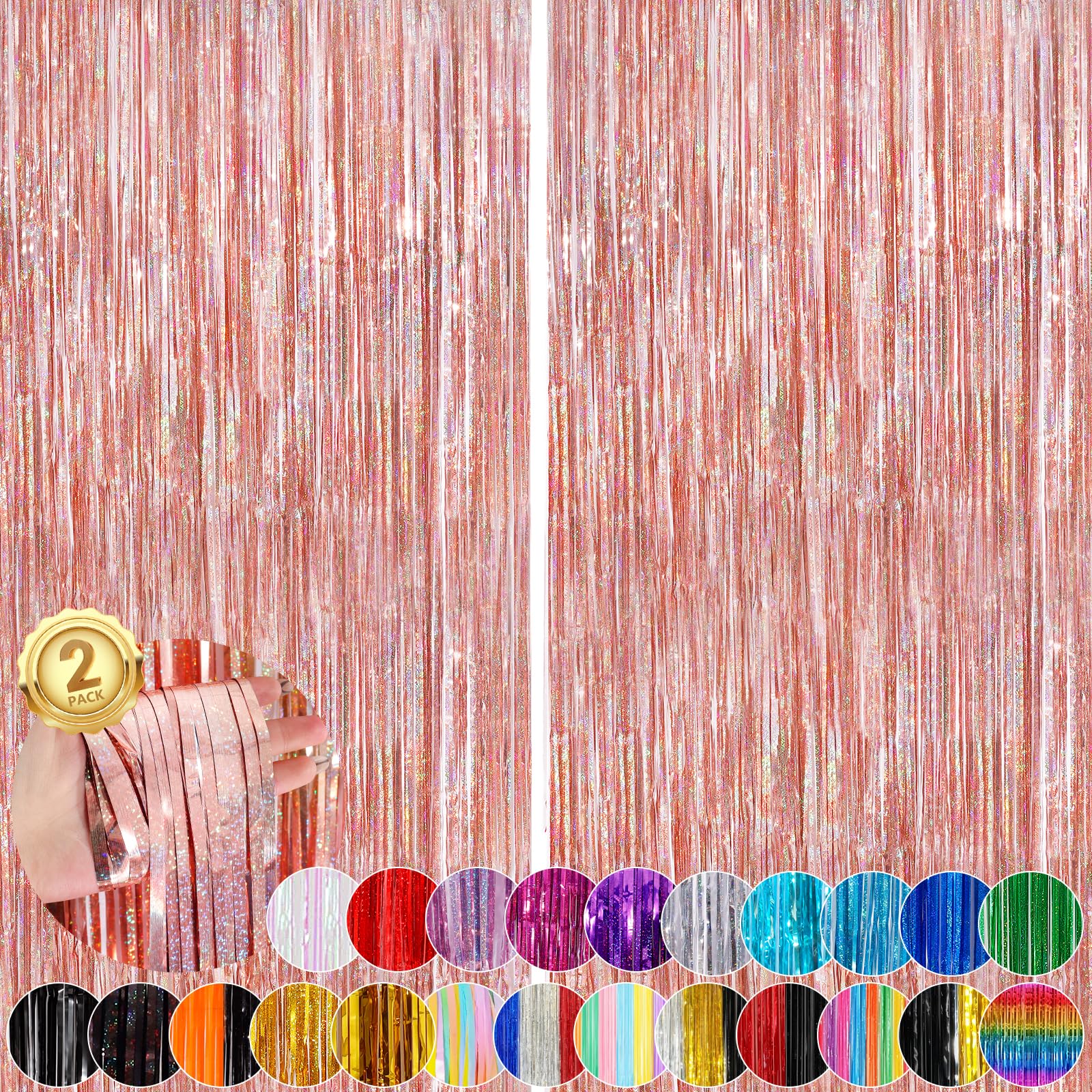 Rose Gold Foil Party Streamers 2 Pack Metallic Tinsel Fringe Curtain 3.3X 8.3Ft Streamer Curtains Anniversary Thanksgiving Chris