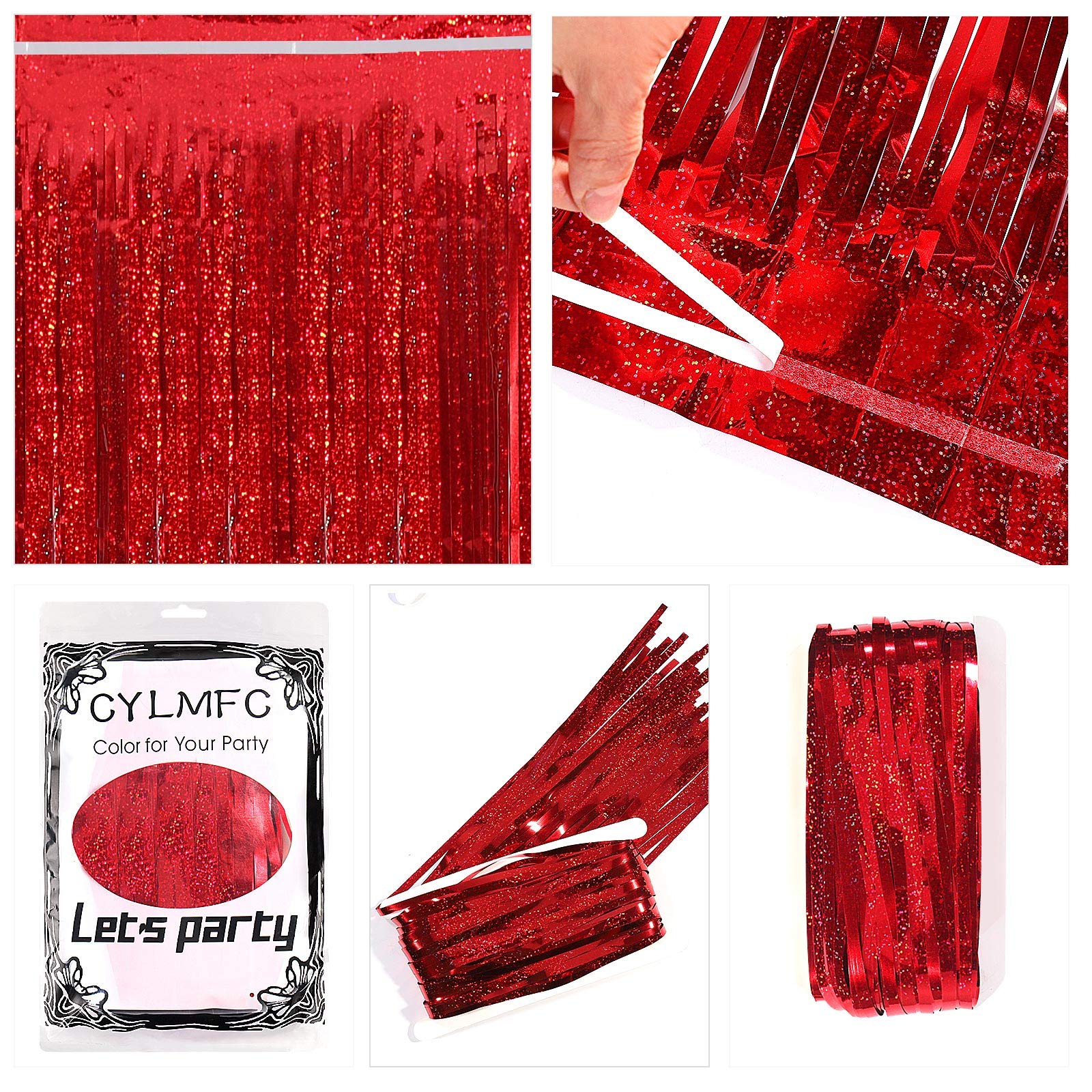 Cylmfc Metallic Tinsel Curtains, 2 Pack 3X8Ft Foil Fringe Backdrop For Birthday & Graduation Decorations, Red