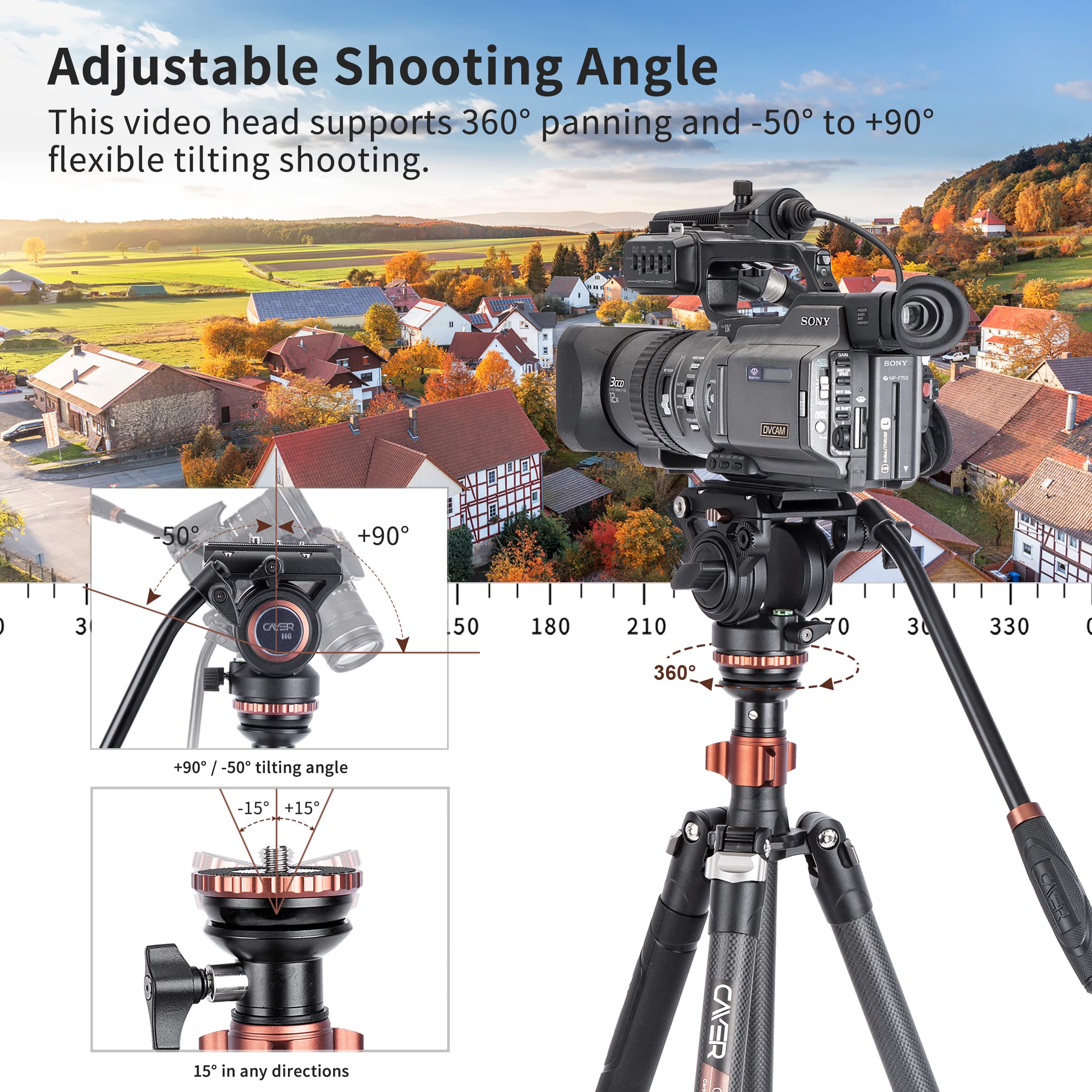 Cayer CF2451 Carbon Fiber Tripod Kit - 75" Video Tripod with Fluid Head, 4-Section Stand, Max Load 13.2lb, Black for DSLR & Camcorder