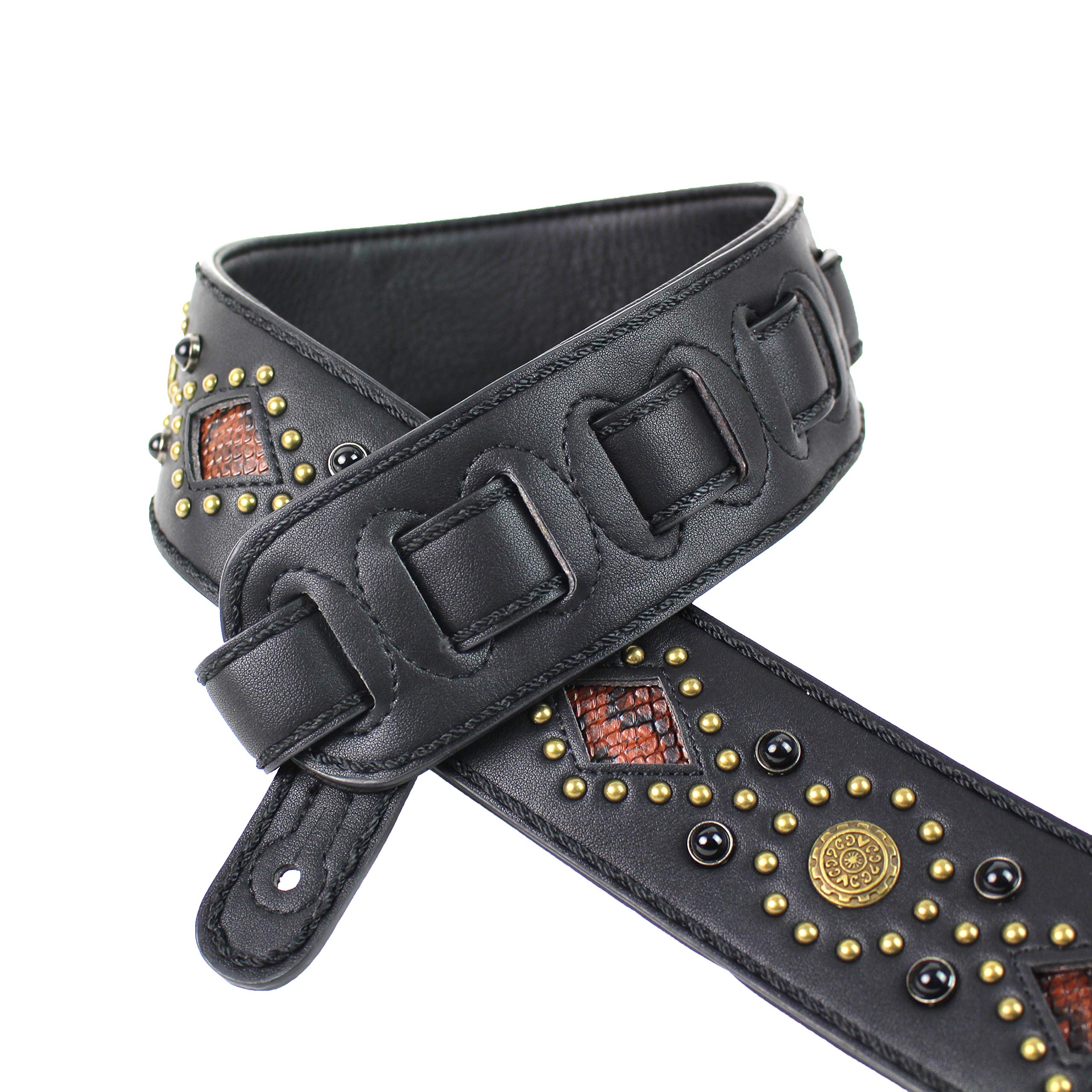 Walker And Williams Gtr-20-Bb Black On Black Sedona Special Guitar Strap With Padded Back, Snakeskin Inserts, Brass Studs & Rive