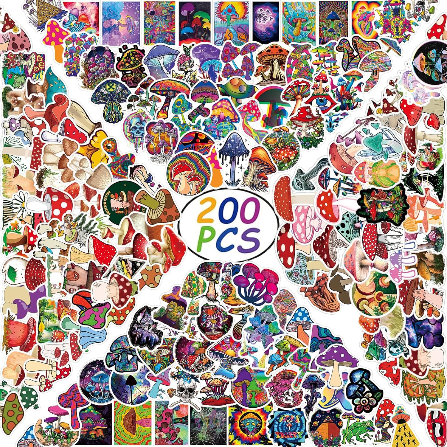 200Pcs Mushroom Aesthetic Stickers Pack, Cute Colorful Mushroom Trendy Decor Vinyl Waterproof Stickers For Water Bottles,Hydro F