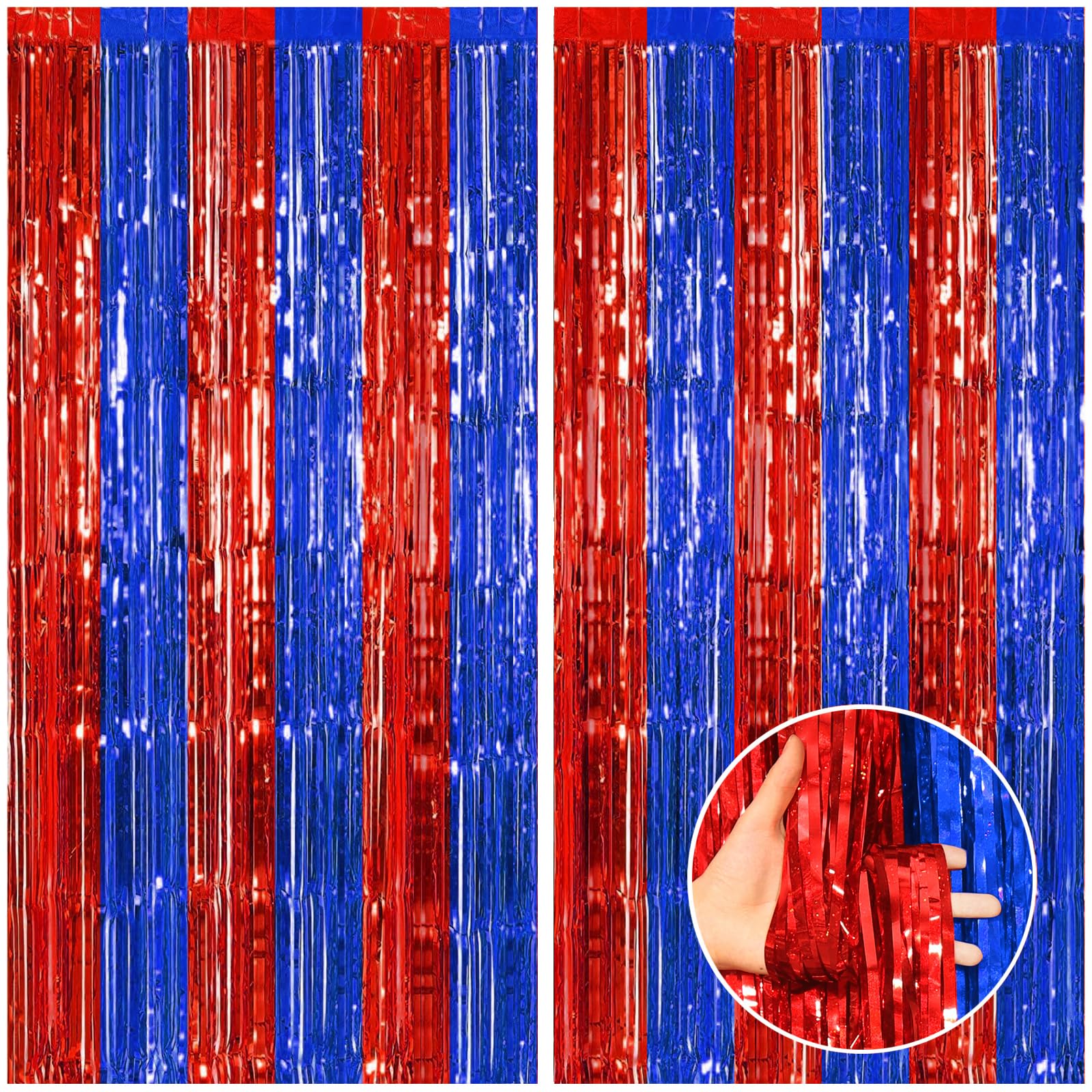 Canrevel 2 Pack 3.3X8.2 Feet Blue And Red Foil Fringe Backdrop Curtains, Tinsel Streamers Birthday Party Decorations, Fringe Bac