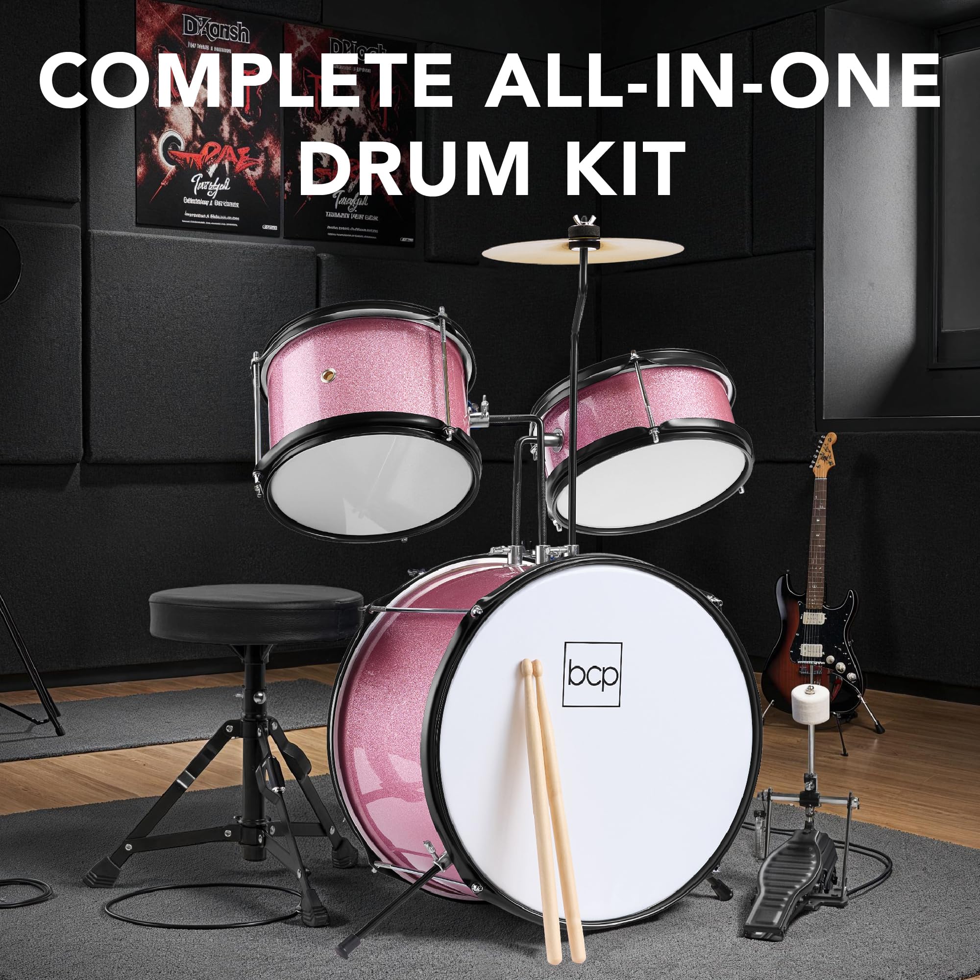 Best Choice Products 3-Piece Beginner Drum Set For Kids Juniors, W/Throne Stool, Cymbal, Drum Sticks, Bass Drum Pedal, 2 Toms -