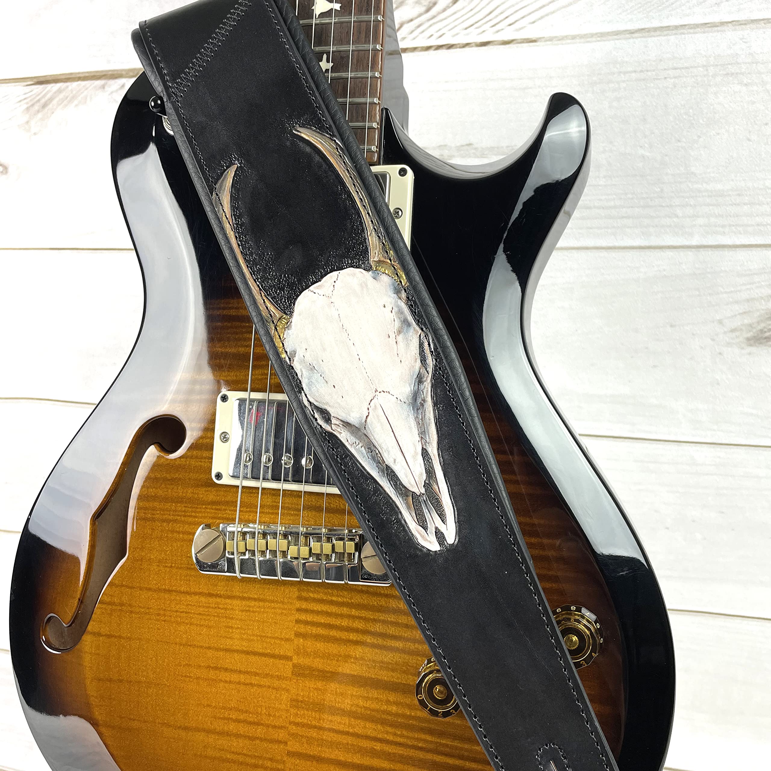 Walker And Williams Kb 61 Handmade Carved Longhorn Skull Guitar Strap On Premium Matte Black Leather For Acoustic, Electric, And