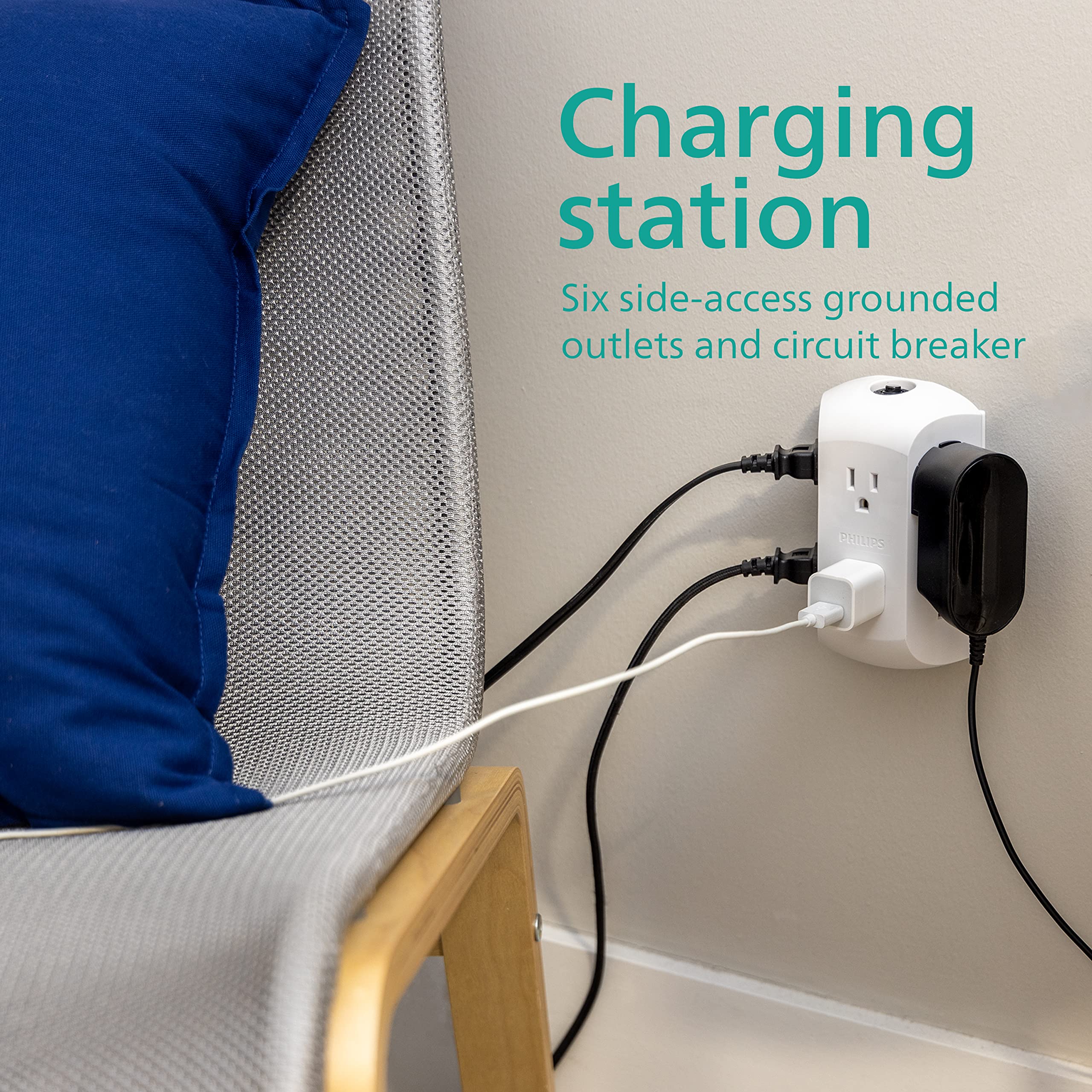 Philips 6 Outlet Extender, 2 Pack, Grounded Wall Tap, Reset Button, Circuit Breaker, Adapter Spaced Outlets, 3 Prong, Quick And