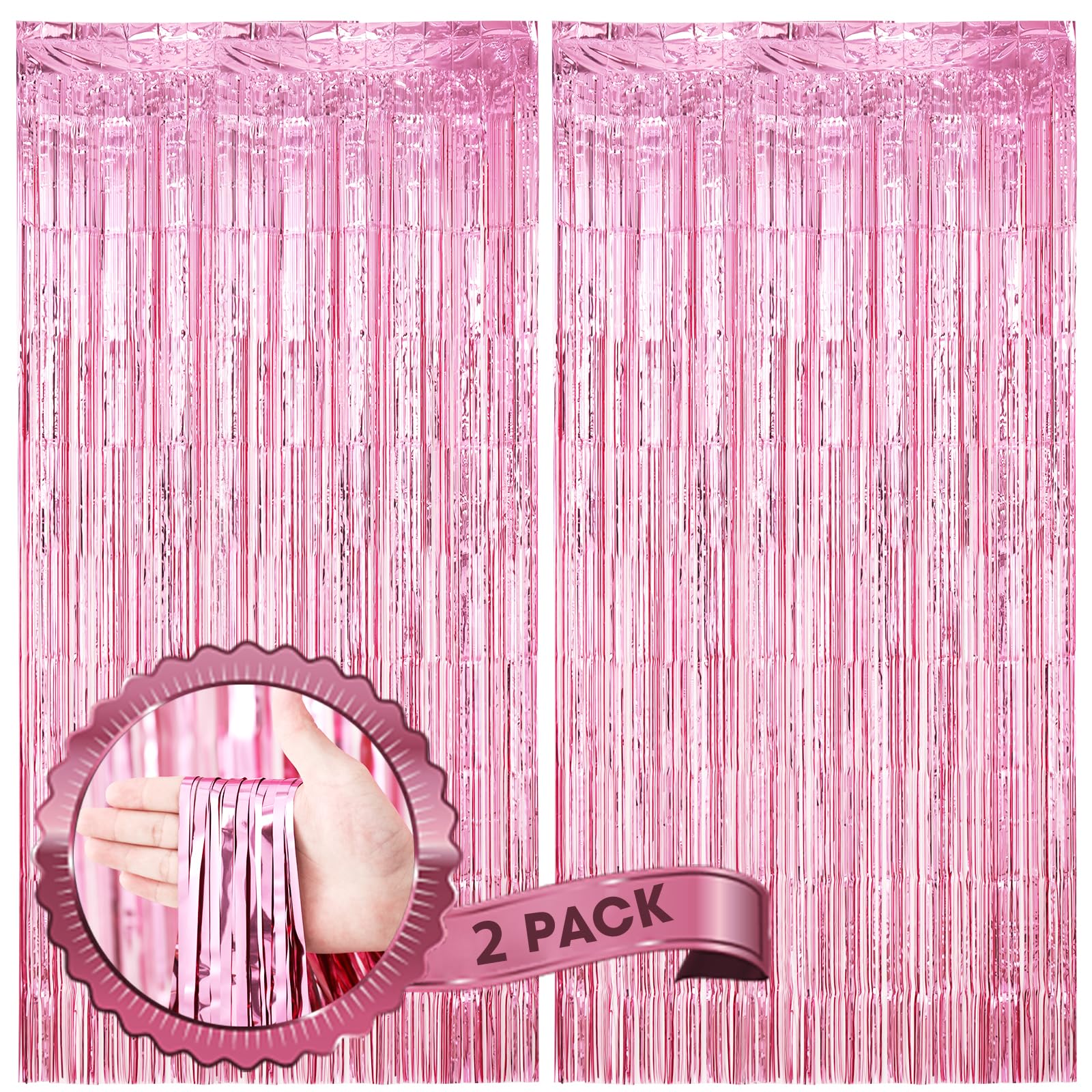 Voircoloria 2 Pack Light Pink Foil Fringe Backdrop Curtains, Tinsel Streamers Birthday Party Decorations, Fringe Backdrop For Gr