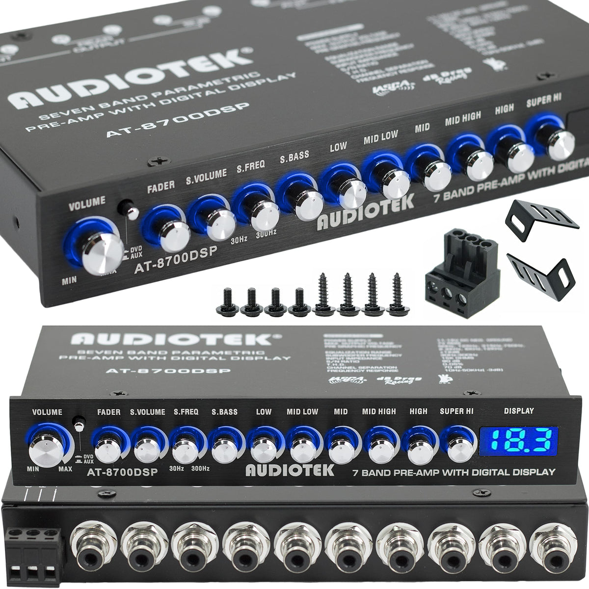 Audiotek 8700Dsp 1/2 Din 7 Band Car Audio Equalizer Eq Front, Rear + Sub Output, Up To 7V Rms Of Output, Gold Plated Rca Connectors For Best Audio Output For Car, Boat, Rv, Rtv, Motorcycle