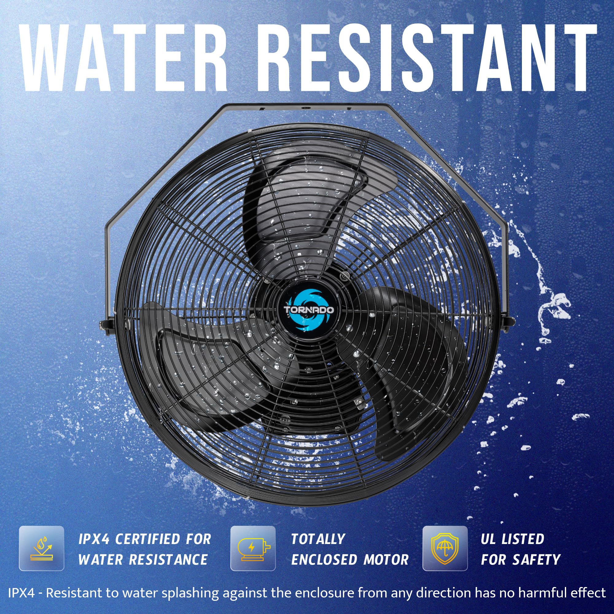 Tornado 18 Inch Outdoor Ipx4 Water-Resistant Wall Mounted Fan, 3 Speed High Velocity Metal Industrial Wall Fan For Commercial, R