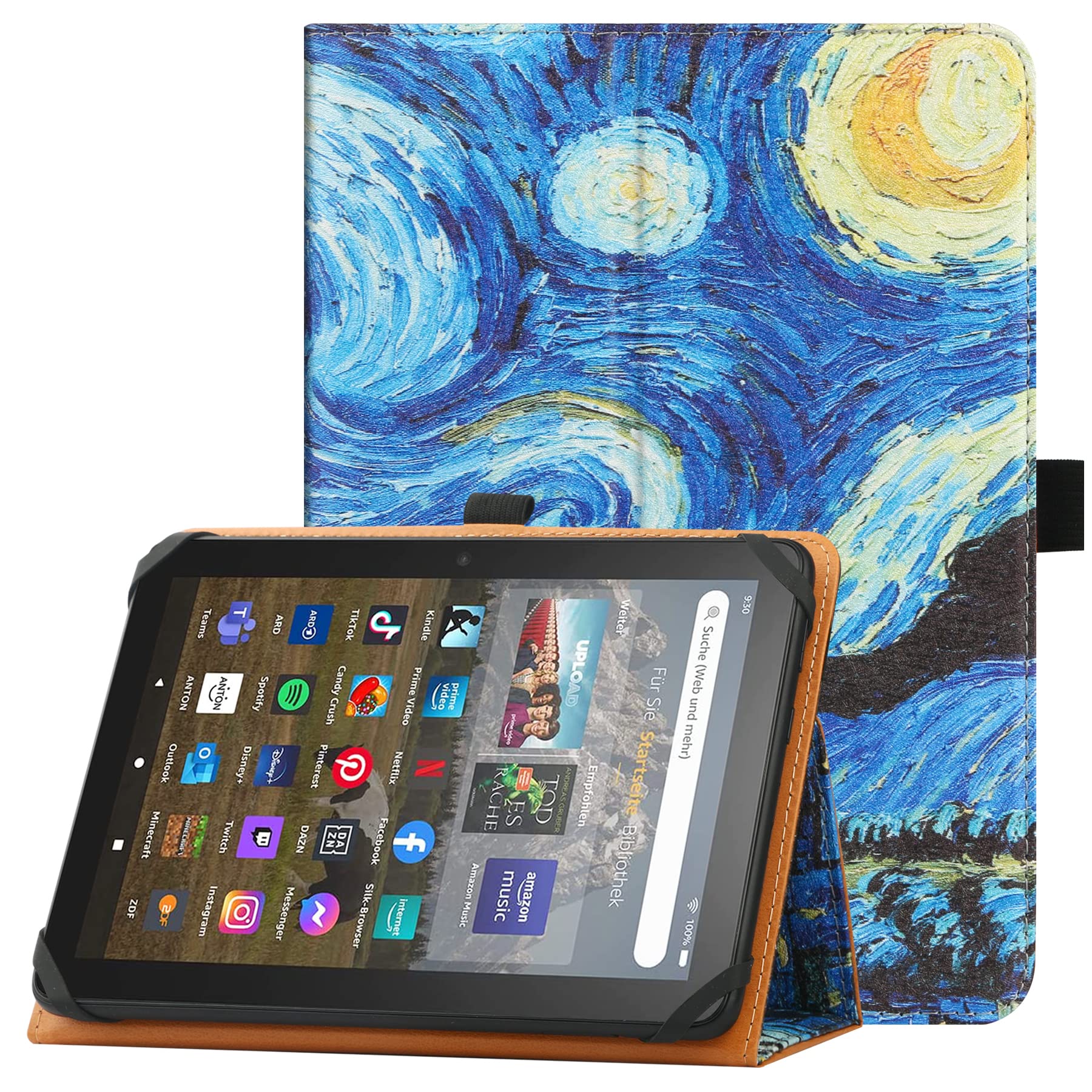 HGWALP Universal Case for 7 & 8 Tablet, Stand Folio with Adjustable Fixing Silicon Band and Stand - Starry Sky