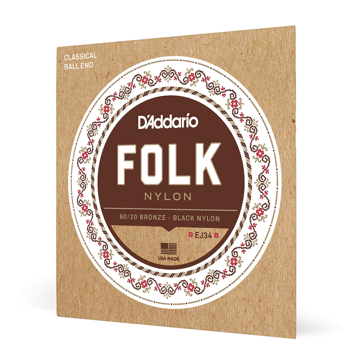 D'Addario Guitar Strings   Folk Nylon Guitar Strings   Ej34 Classical Guitar Strings   Nylon Core, Ball End   80/20 Bronze Wrap, Black Nylon Trebles