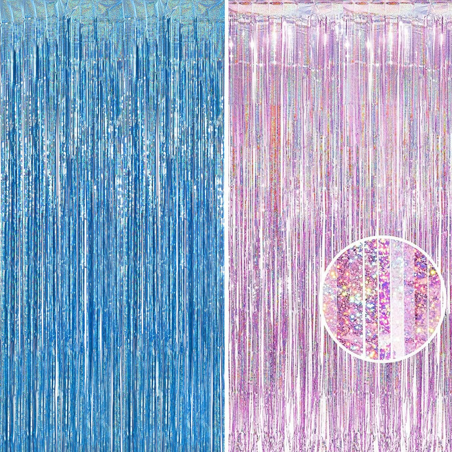 Braveshine Pink Blue Tinsel Foil Fringe Curtains   2Pcs 3.2X8.2Ft Holidays Photo Streamers Backdrop For Girl Or Boy Birthdays Br