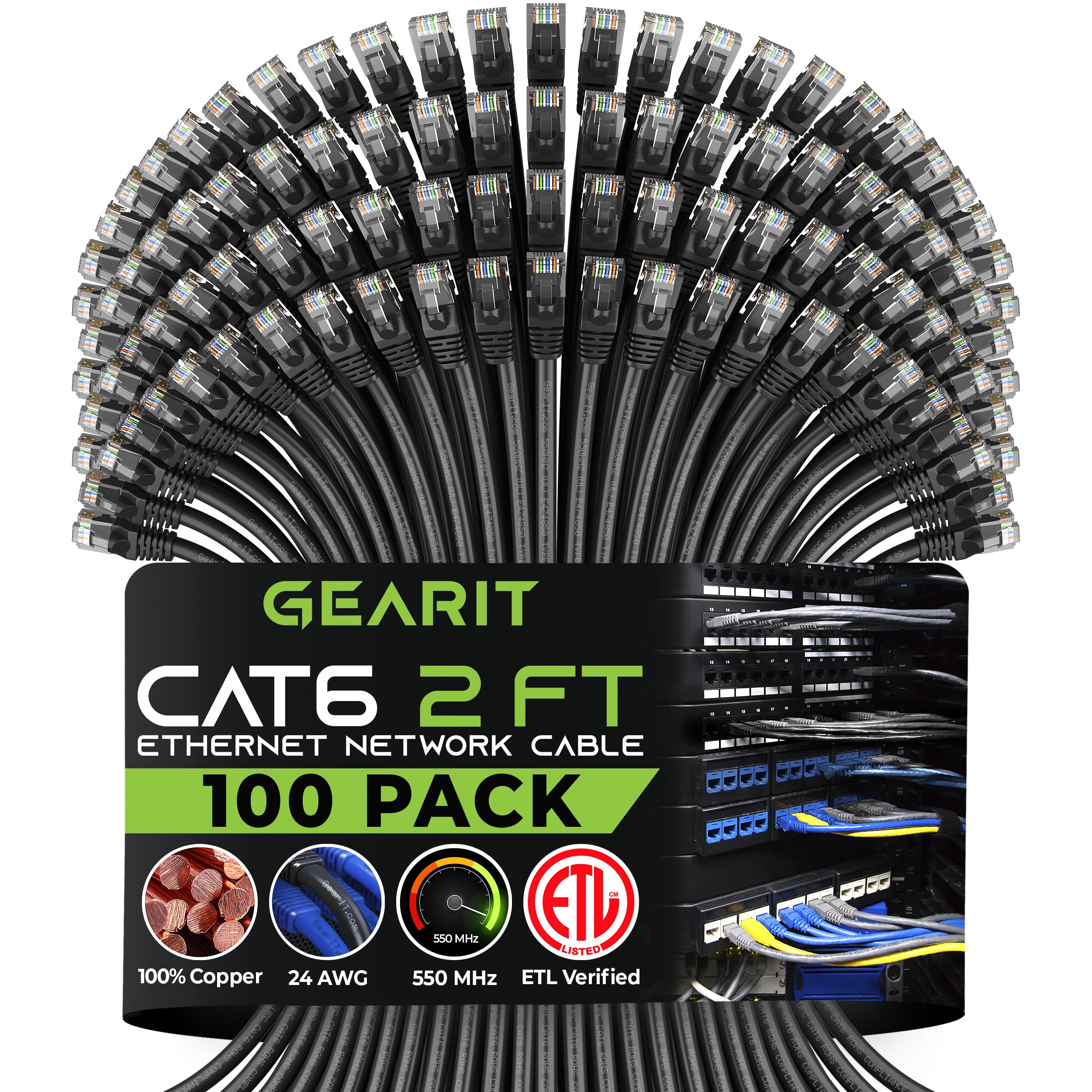 Gearit 100 Pack, Cat 6 Ethernet Cable Cat6 Snagless Patch 2 Feet   Snagless Rj45 Computer Lan Network Cord, Black   Compatible W