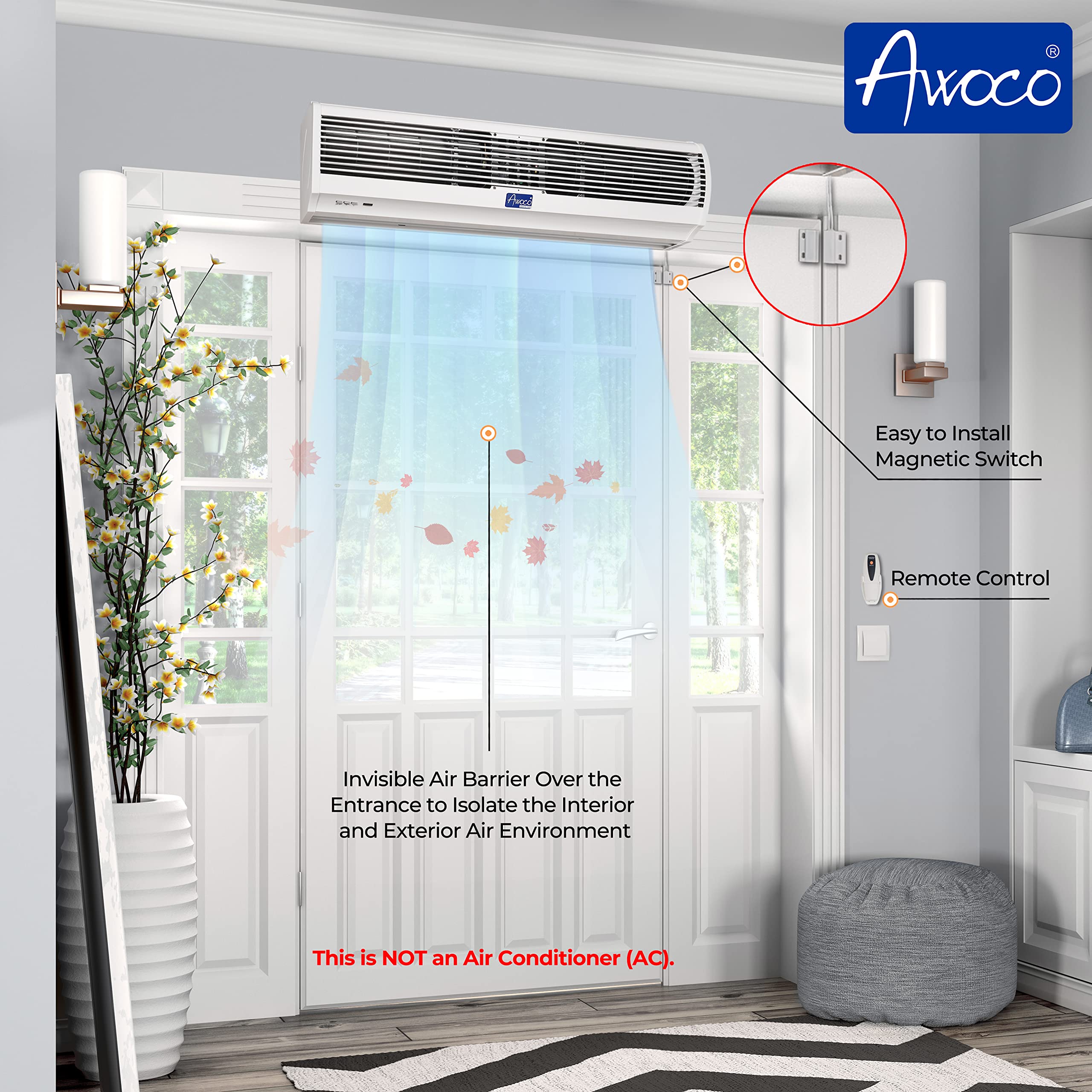 Awoco 48 Fm-1212T 1500 Cfm Slim Indoor Air Curtain, Ce Certified, 120V Unheated With Remote Control And Magnetic Switch, Powerfu
