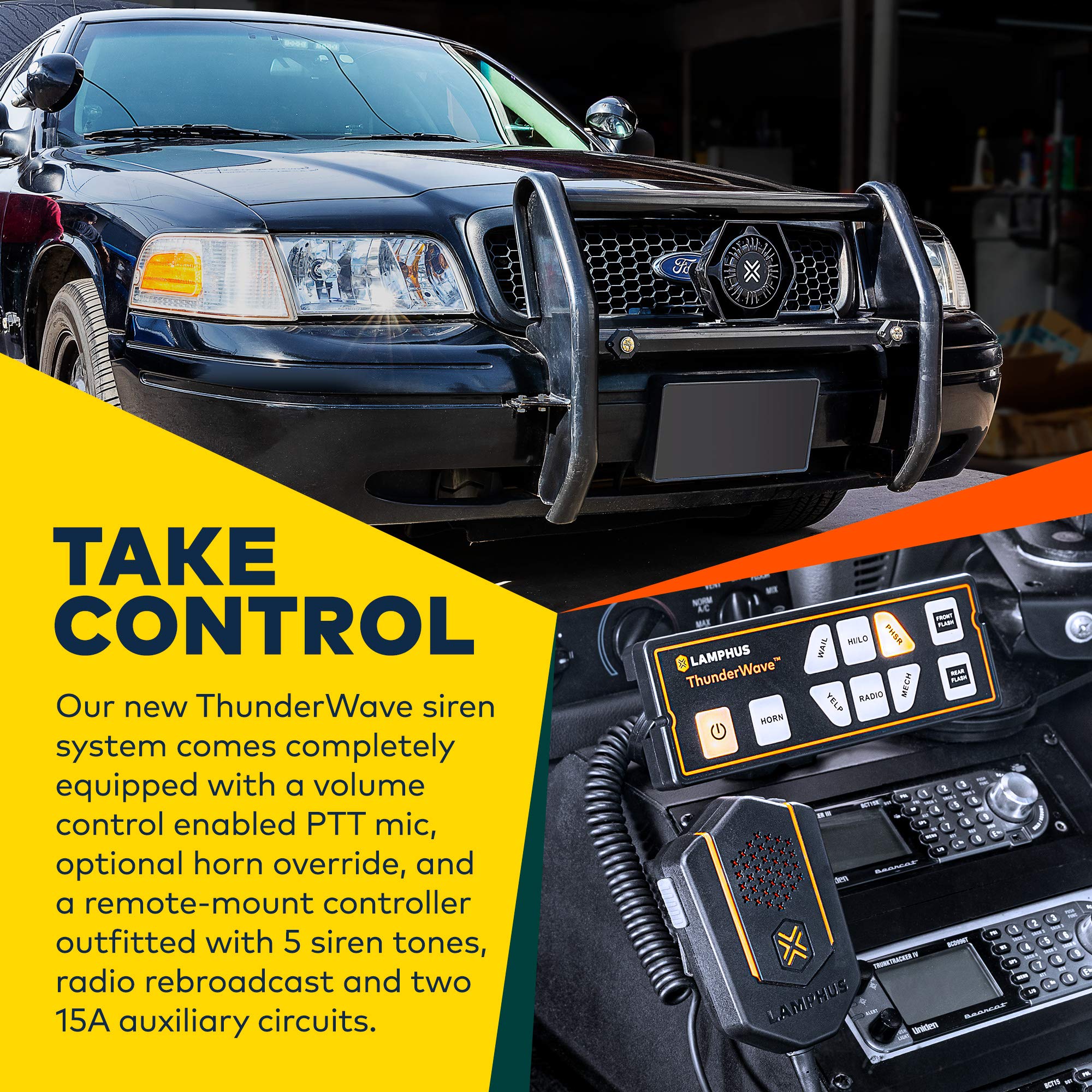 Lamphus Thunderwave 100W Emergency Police Siren Speaker Kit [Remote Control][2X15A Aux Light Switch][Hands Free Air Horn][Radio Broadcast] 12V Warning Pa System For Emergency Vehicle Pickup Truck Utv