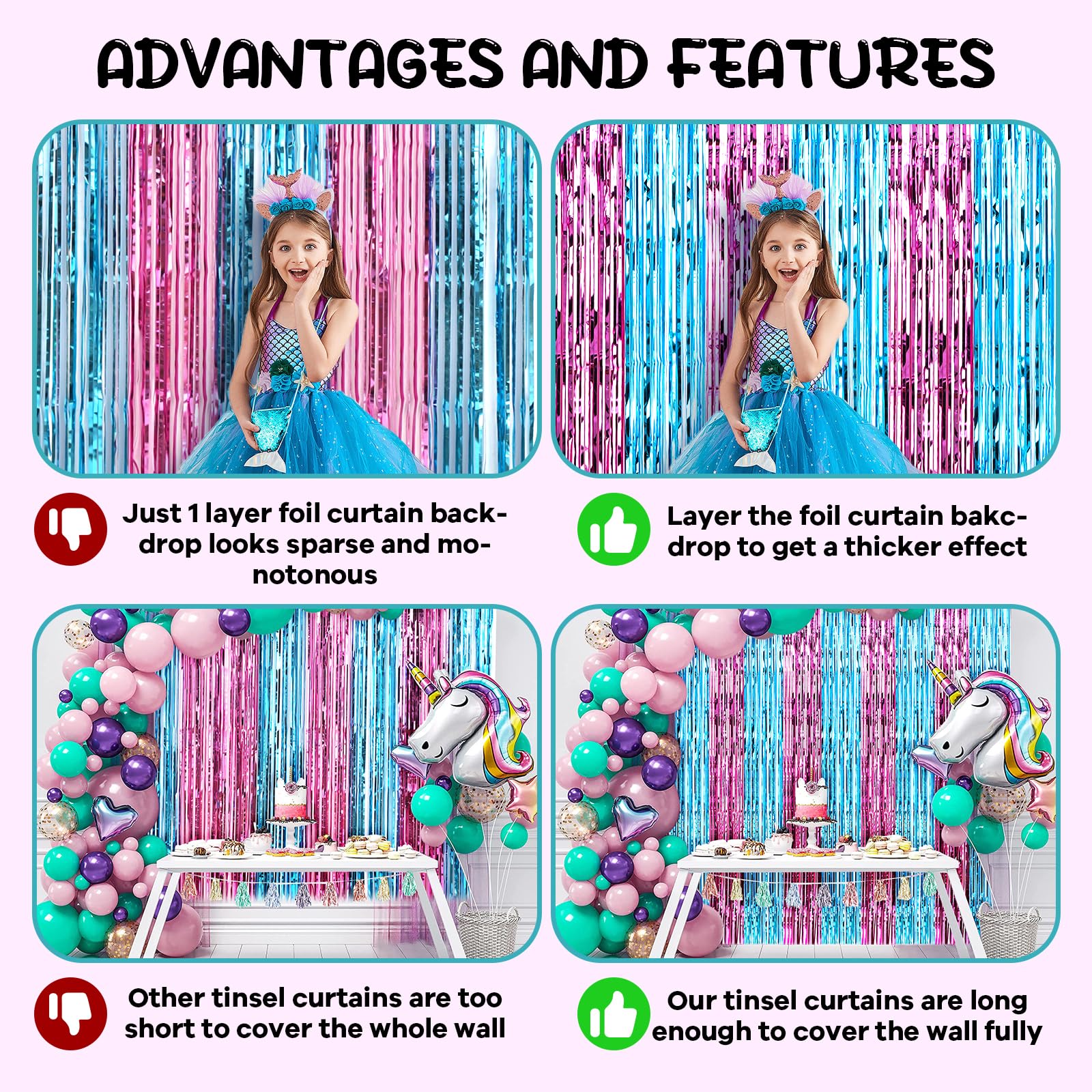 Voircoloria 2 Pack 3.3X8.2 Feet Blue And Pink Foil Fringe Backdrop Curtains, Tinsel Streamers Birthday Party Decorations, Fringe