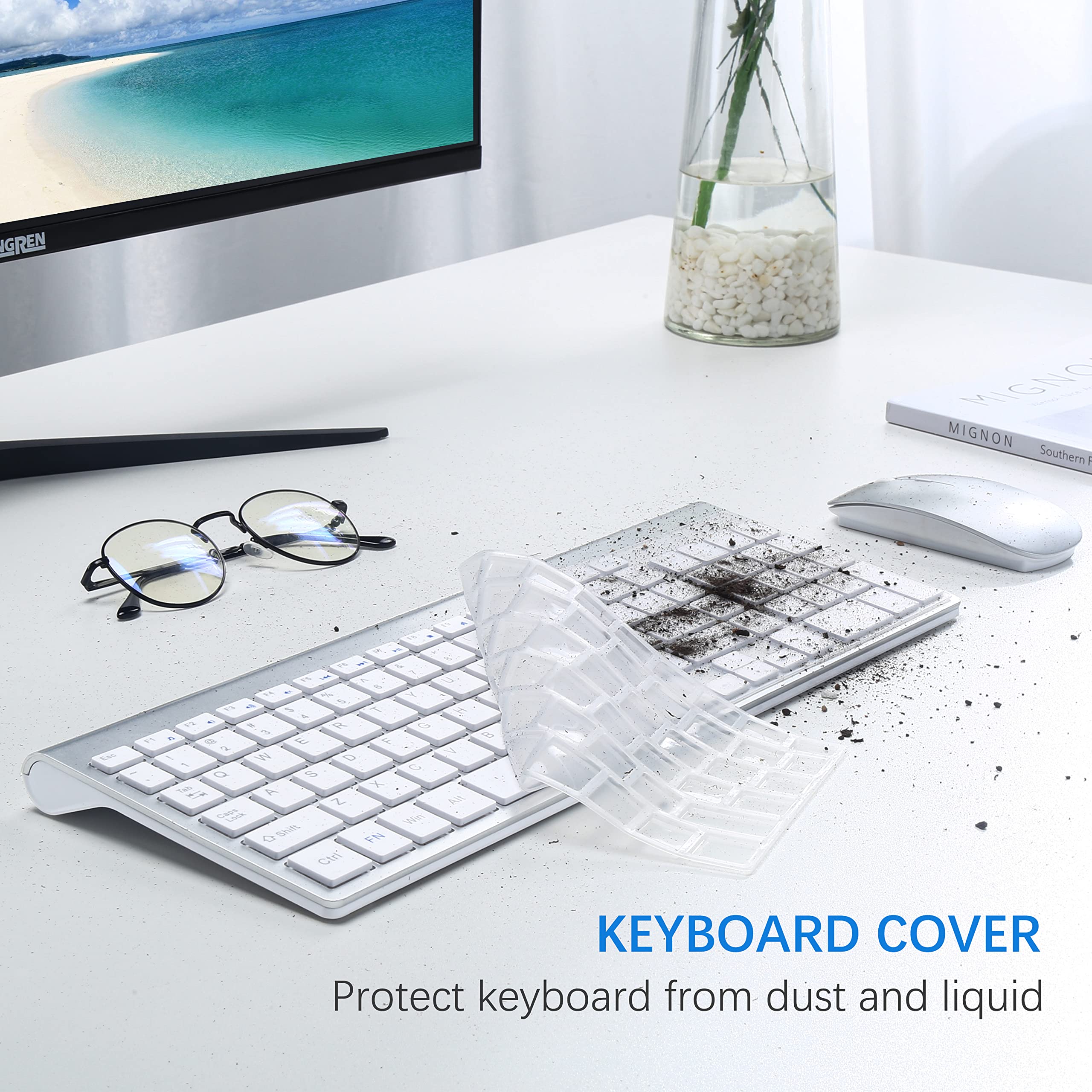 Wireless Keyboard And Mouse Ultra Slim Combo, Topmate 2.4G Silent Compact Usb 2400Dpi Mouse And Scissor Switch Keyboard Set With Cover, 2 Aa And 2 Aaa Batteries, For Pc/Laptop/Windows/Mac Silver White