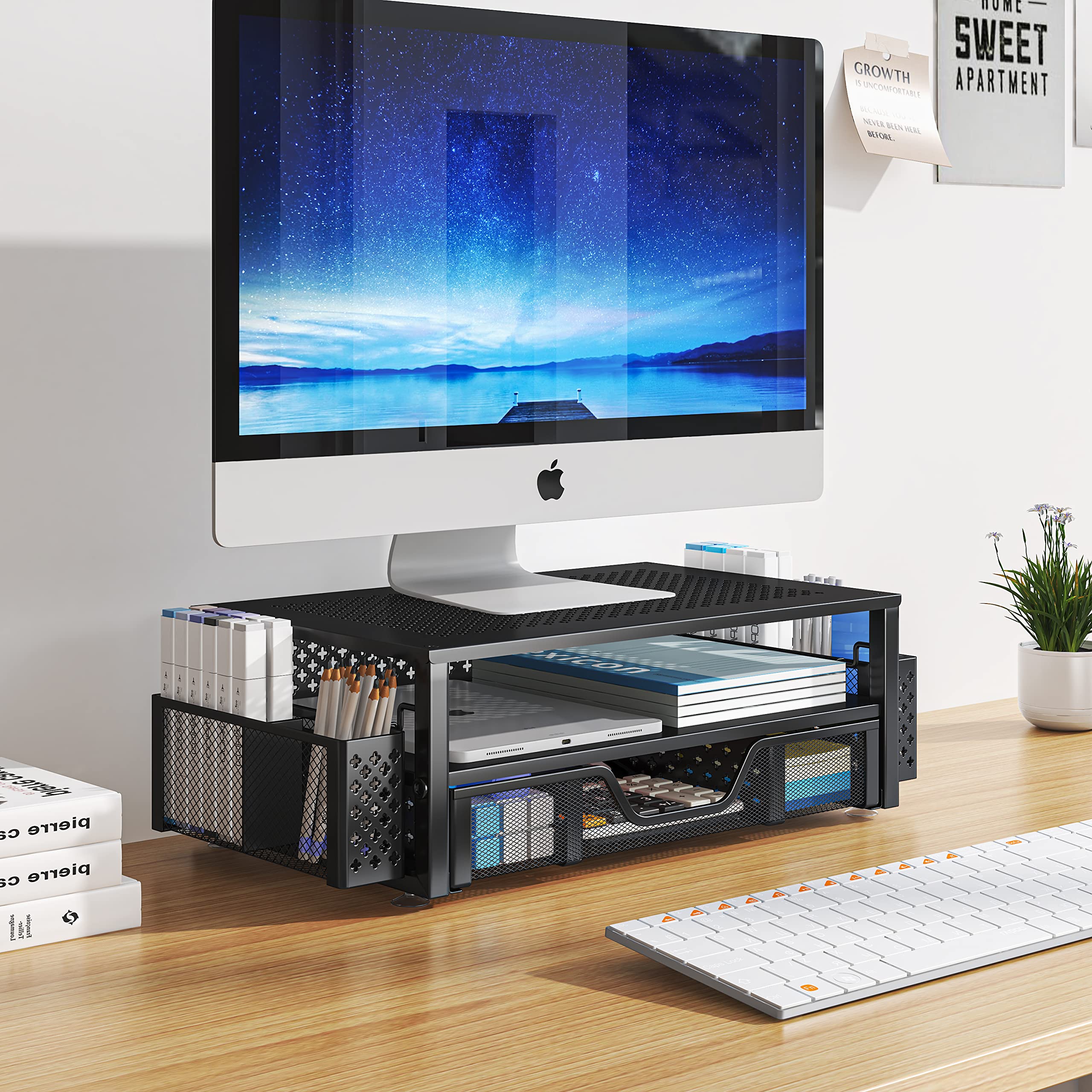 Simple Trending 2 Tier Metal Monitor Stand Monitor Riser And Computer Desk Organizer With Drawer And Pen Holder For Laptop, Comp