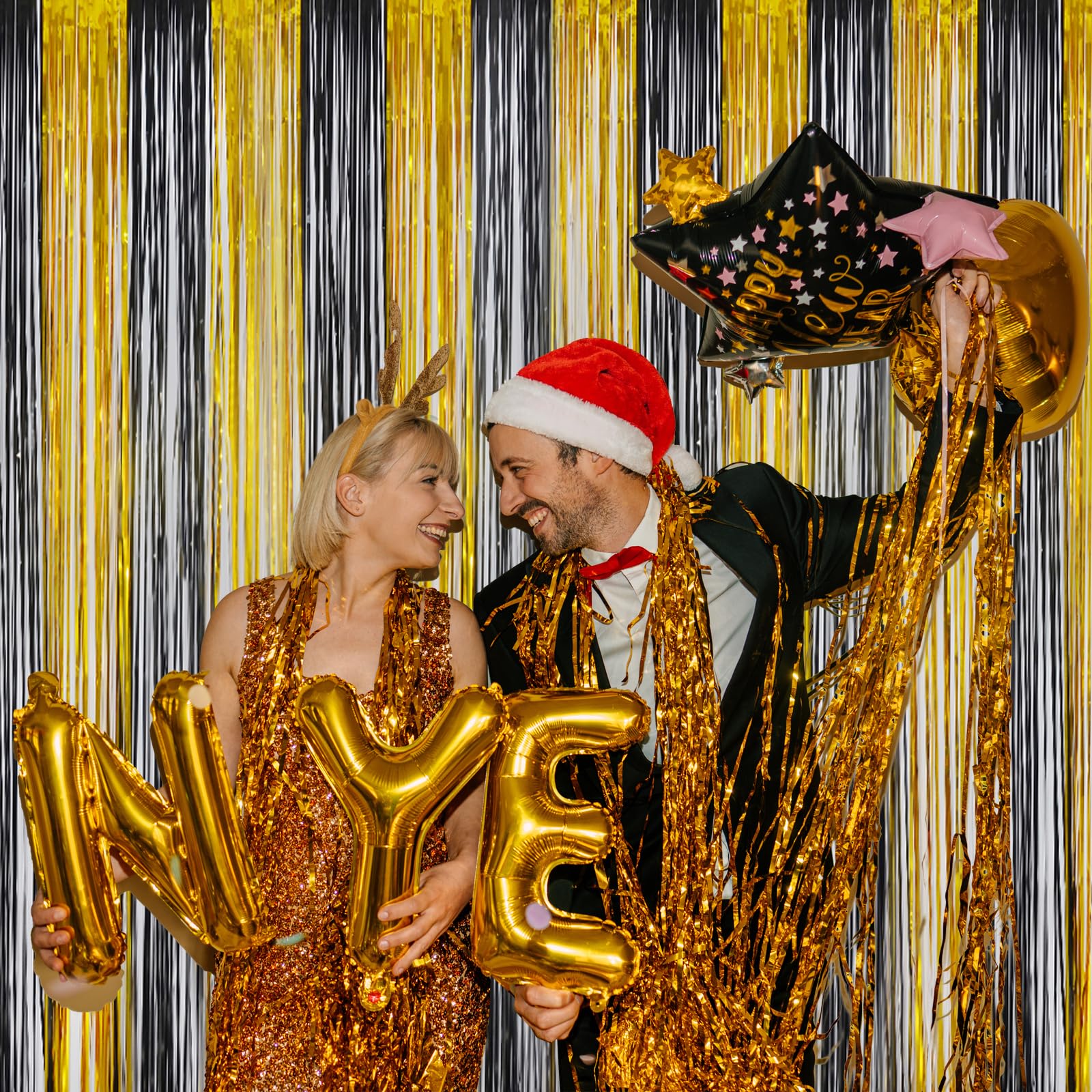 Melsan Black And Gold Party Streamers Decoration   3.2Ft X 8Ft Glitter Foil Fringe Curtain For New Year Eve, Anniversary, Retire