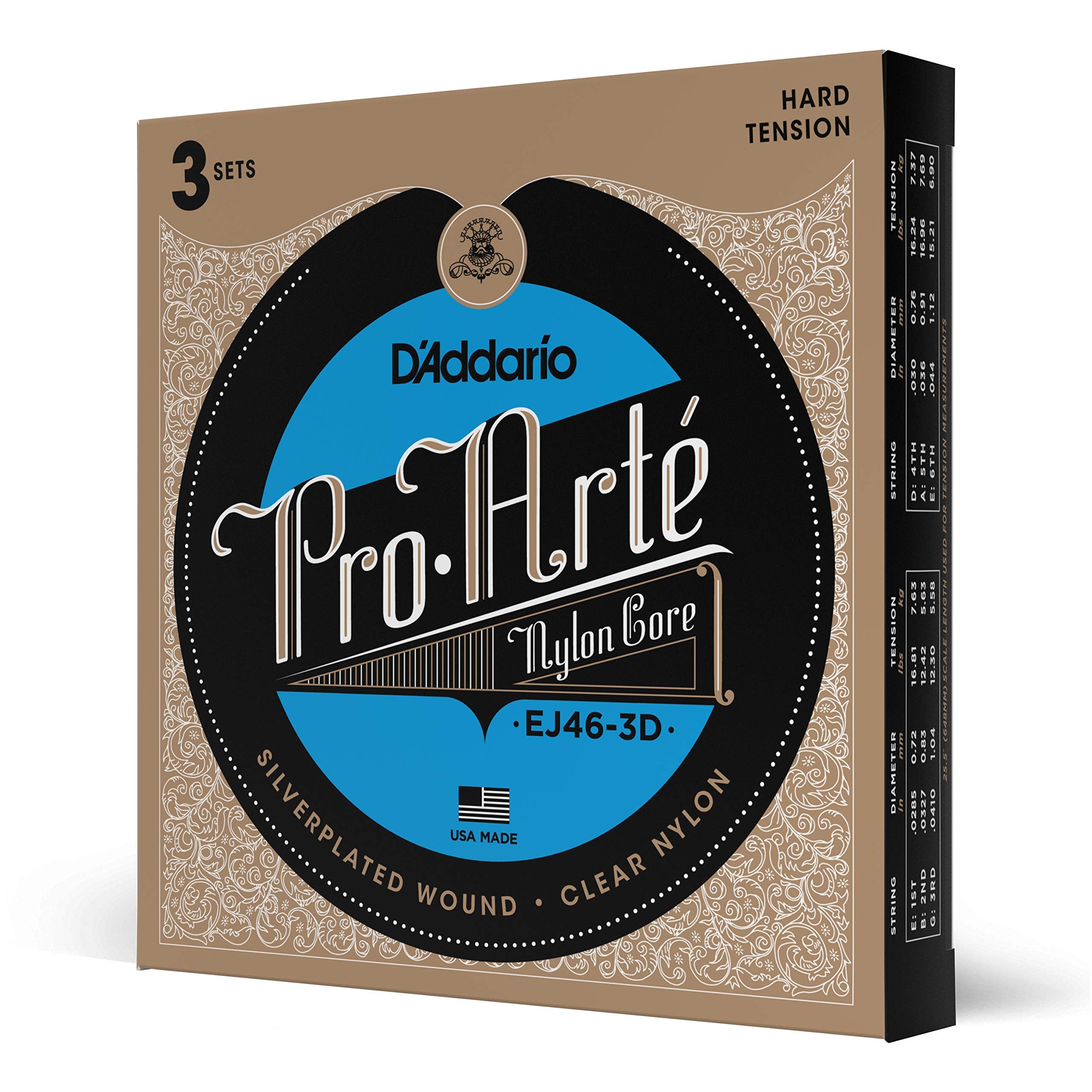 DAddario Pro Art   Nylon Classical Guitar Strings, EJ46-3D, Hard Tension, 6-String Set, Pack of 3