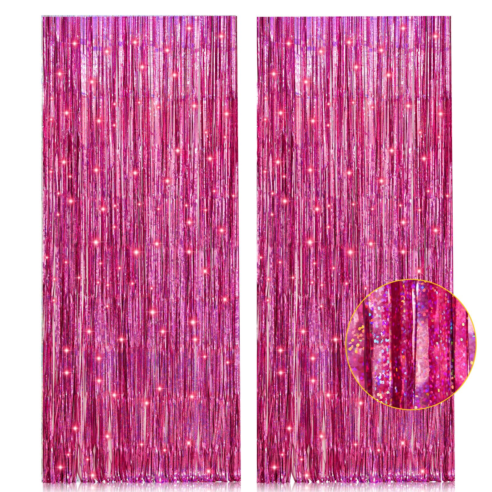 2 Pack 3.2Ft X 8.2Ft Pink Metallic Tinsel Foil Fringe Curtains Backdrop For Pink Party Birthday Wedding Bachelorette Baby Shower