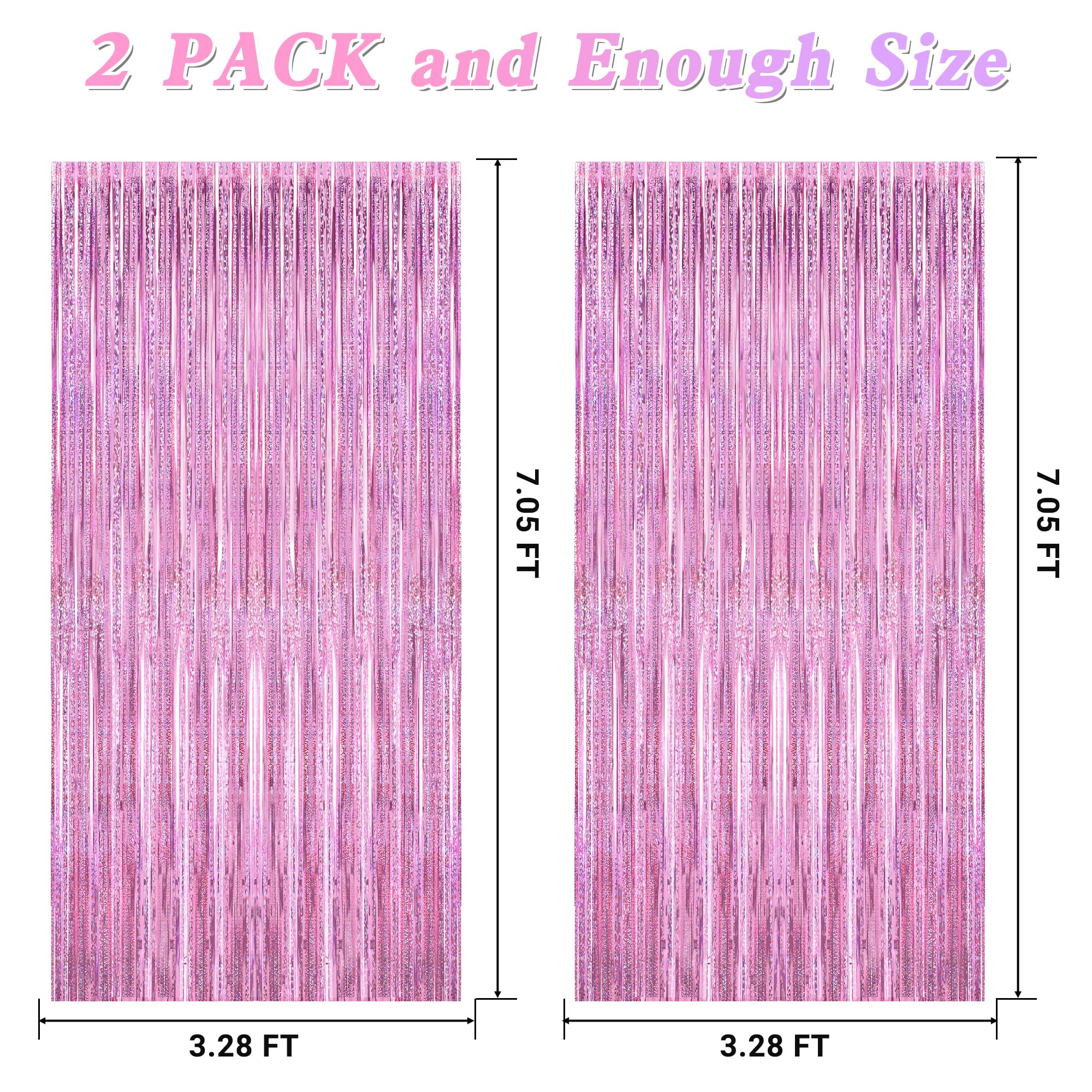 2 Pack Glitter Pink Backdrop, 3.28 Ft X 7.05 Ft Valentines Party Decorations, Laser Pink Fringe Curtains Foil Streamer Tinsel Ba
