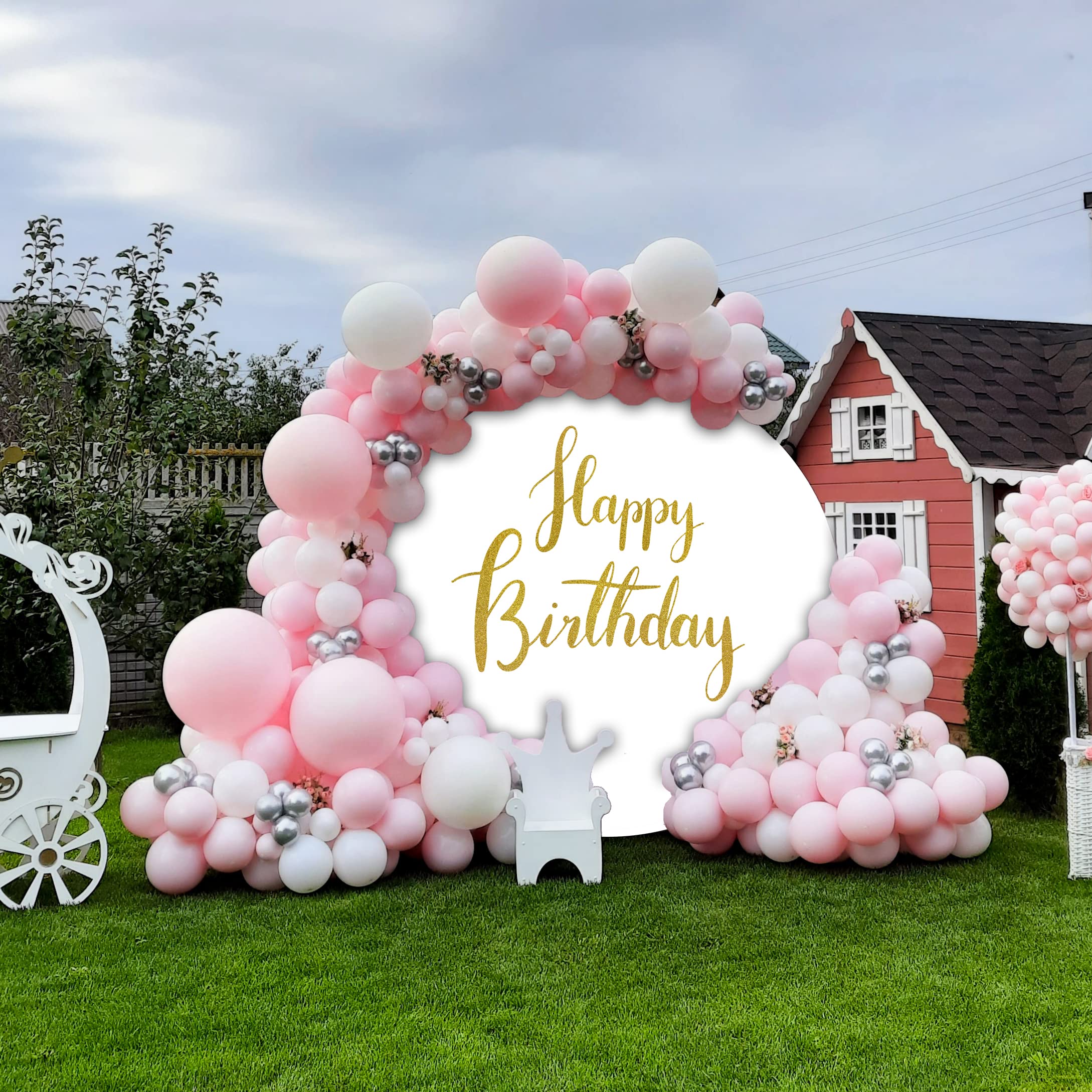 Jditngp Happy Birthday Sign Round Backdrop Cover 6.5Ft,White Circle Background Cover With 4Clips, Round Backdrop Cover Gold Happ