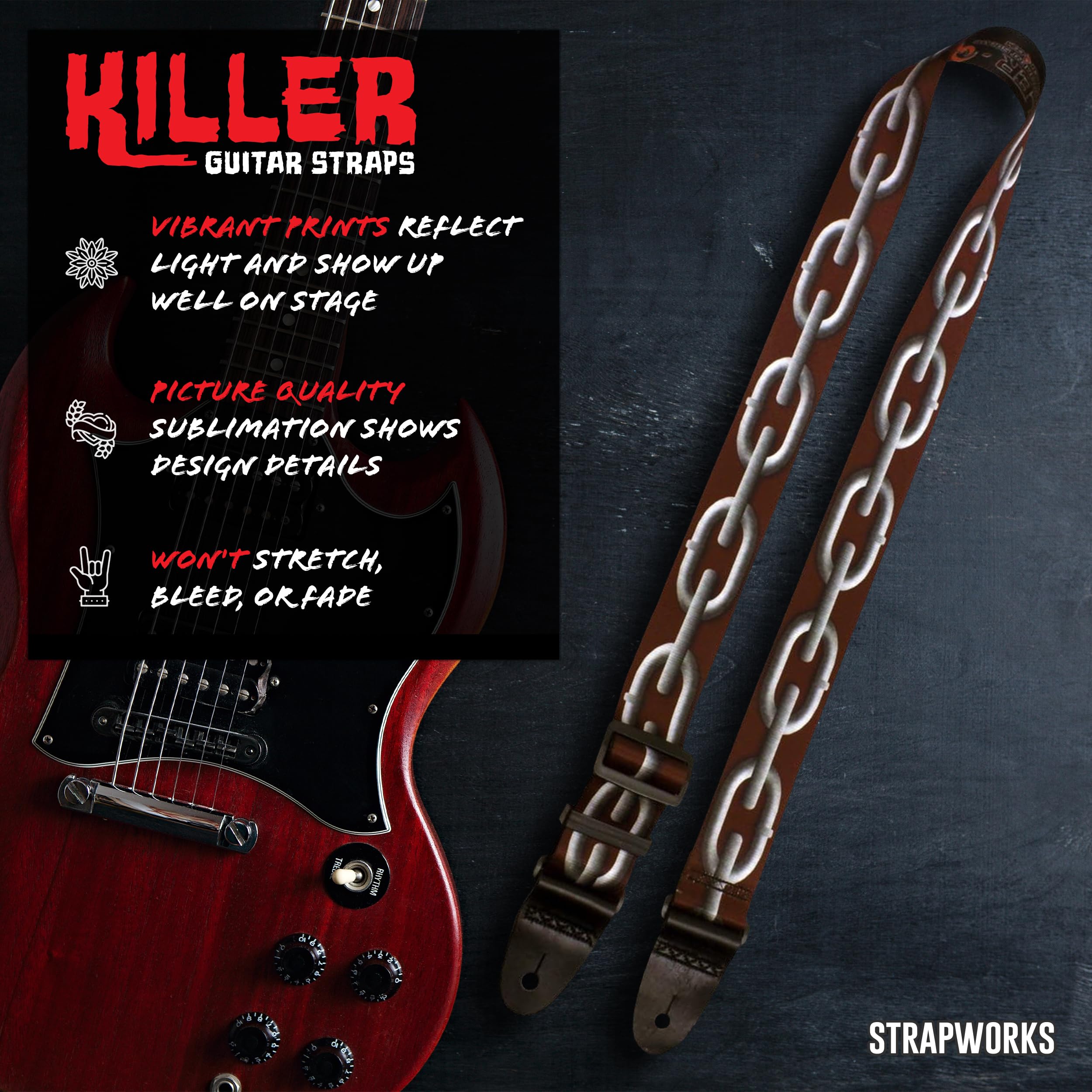 Killer-Q Guitar Strap - Stylish Straps For Electric And Acoustic Guitars With Leather Tabs, 2 Inches X 5 Feet, Chains