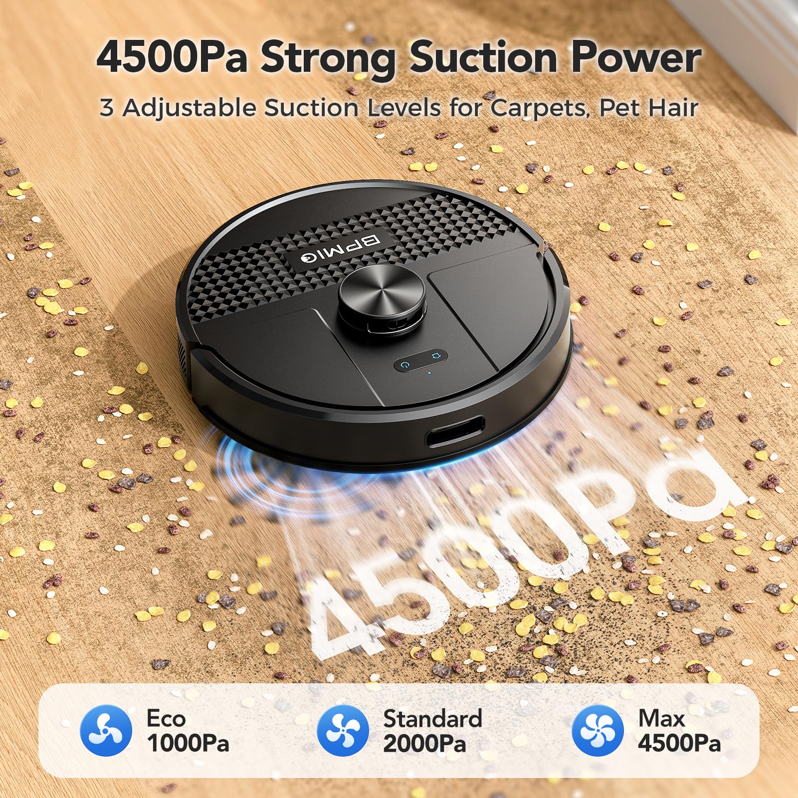 Bpmio Robot Vacuum And Mop Combo 4500Pa Max Suction With Lidar Navigation Smart Mapping, 145 Min Runtime Customized Cleaning Sch