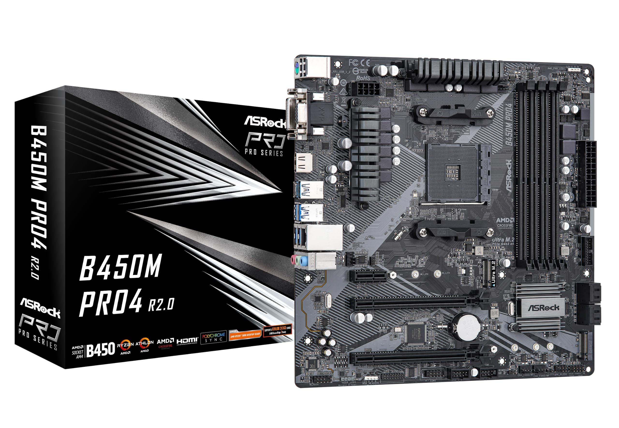 Asrock B450M Pro4 R2.0 Socket Am4/ Amd B450/ Ddr4/ Sata3&Usb3.2/ M.2/ Micro Atx Motherboard