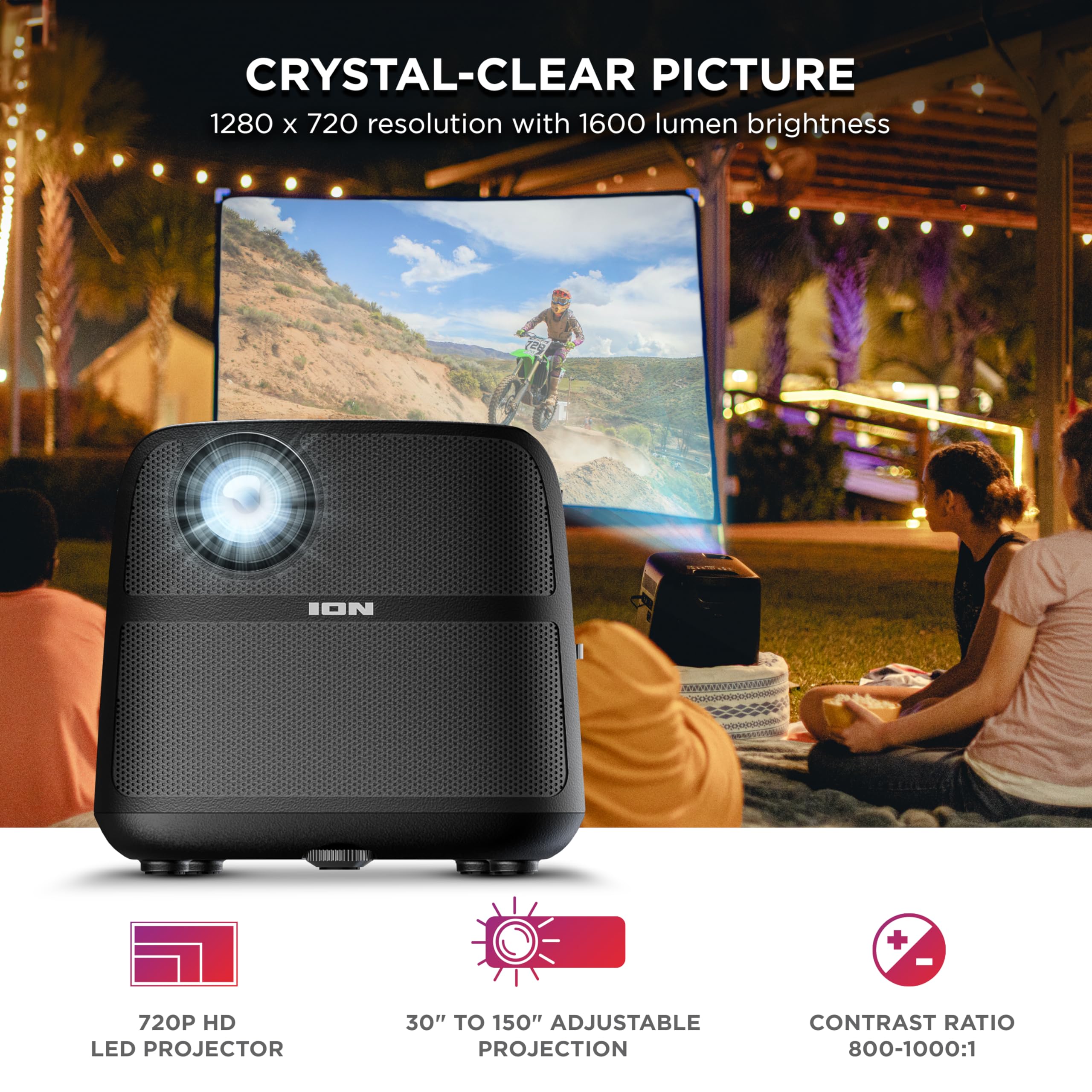 Ion Portable Outdoor Led Projector With 70W Speakers, Bluetooth, Rechargeable Battery, Mic, Usb And Hdmi Connections, 720P Hd