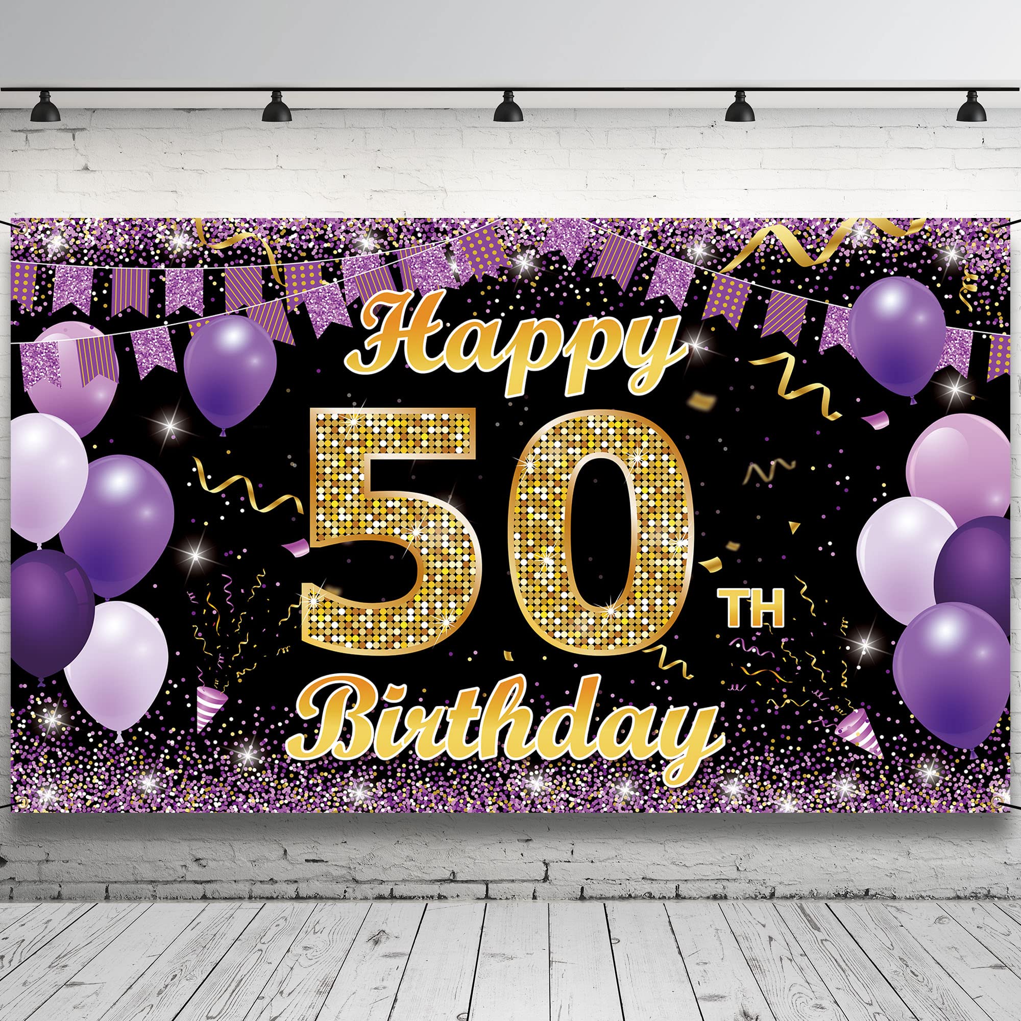 50Th Birthday Decorations Backdrop Banner, Happy 50Th Birthday Decorations For Her, Gold Purple 50 Birthday Party Photo Backdrop
