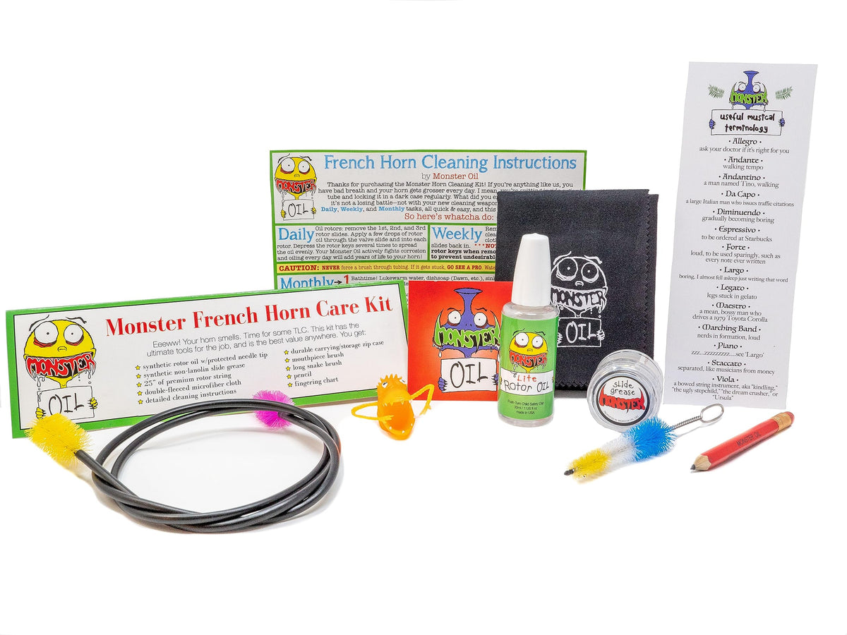 Monster French Horn Care And Cleaning Kit  Rotor Valve Oil W/Easy-To-Use Needle Applicator Tip, Slide Grease, And Cleaning Brush