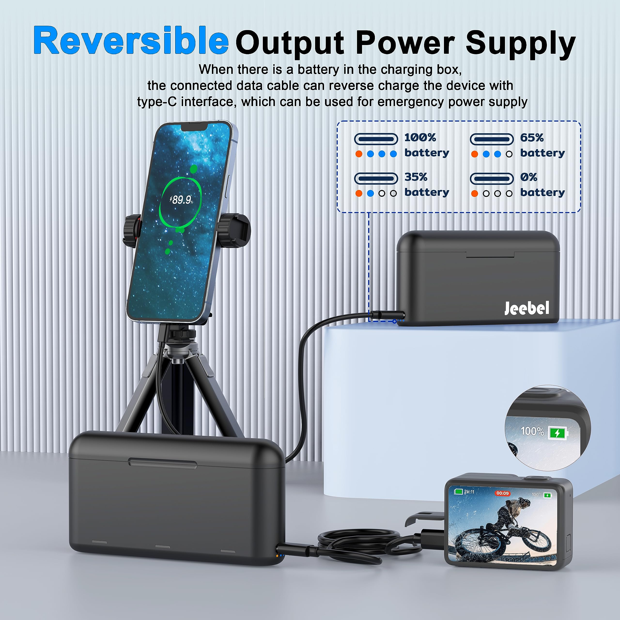 Battery Charger For Gopro Hero12/Hero11/Hero10/Hero9 Support Reverse Charging + 2 Pack Batteries Compatible With Original Gopro