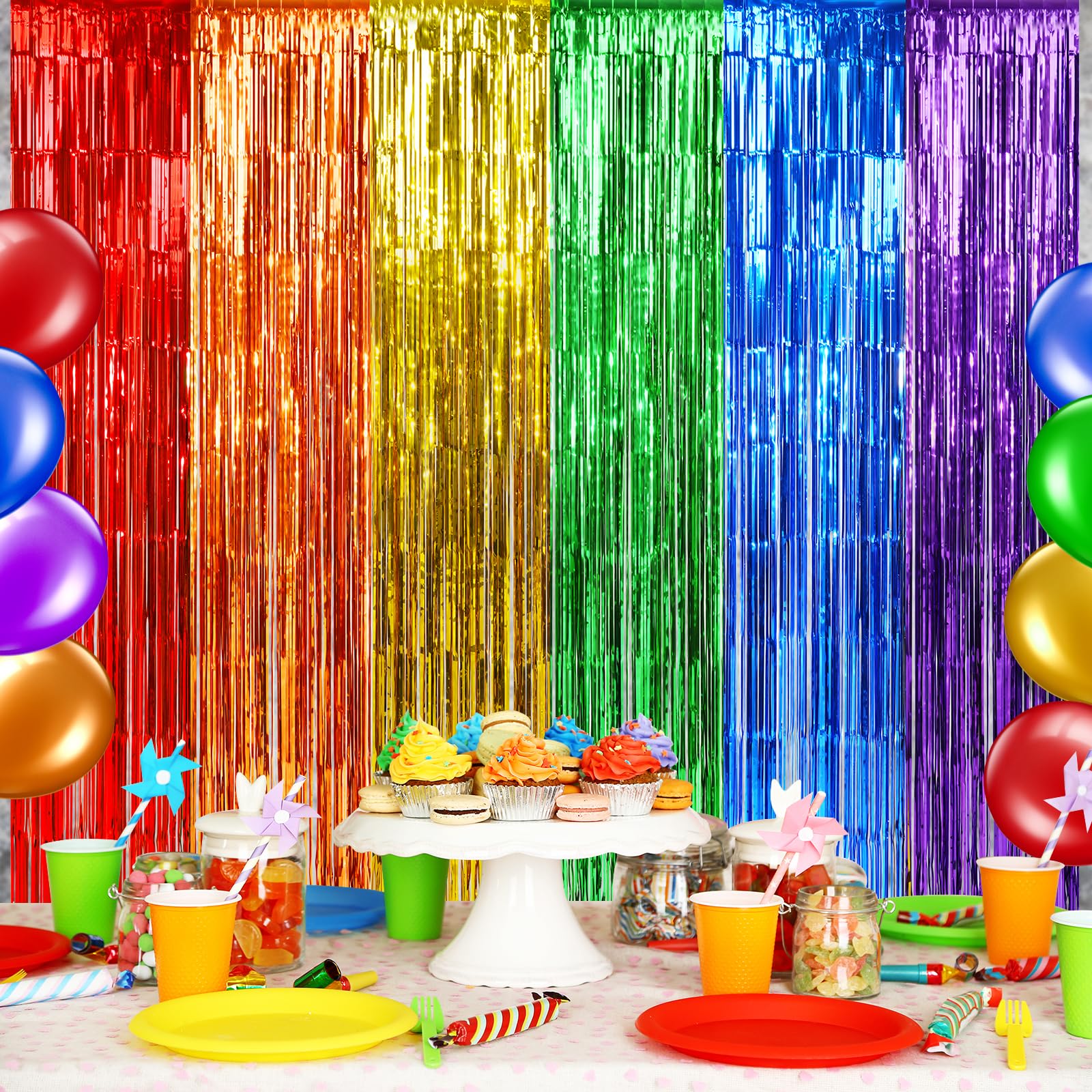 4Pack 3.3X6.6Ft Rainbow Foil Fringe Curtains Backdrop Decorations, Rainbow Metallic Tinsel Foil Streamers Curtain Photo Booth Ba