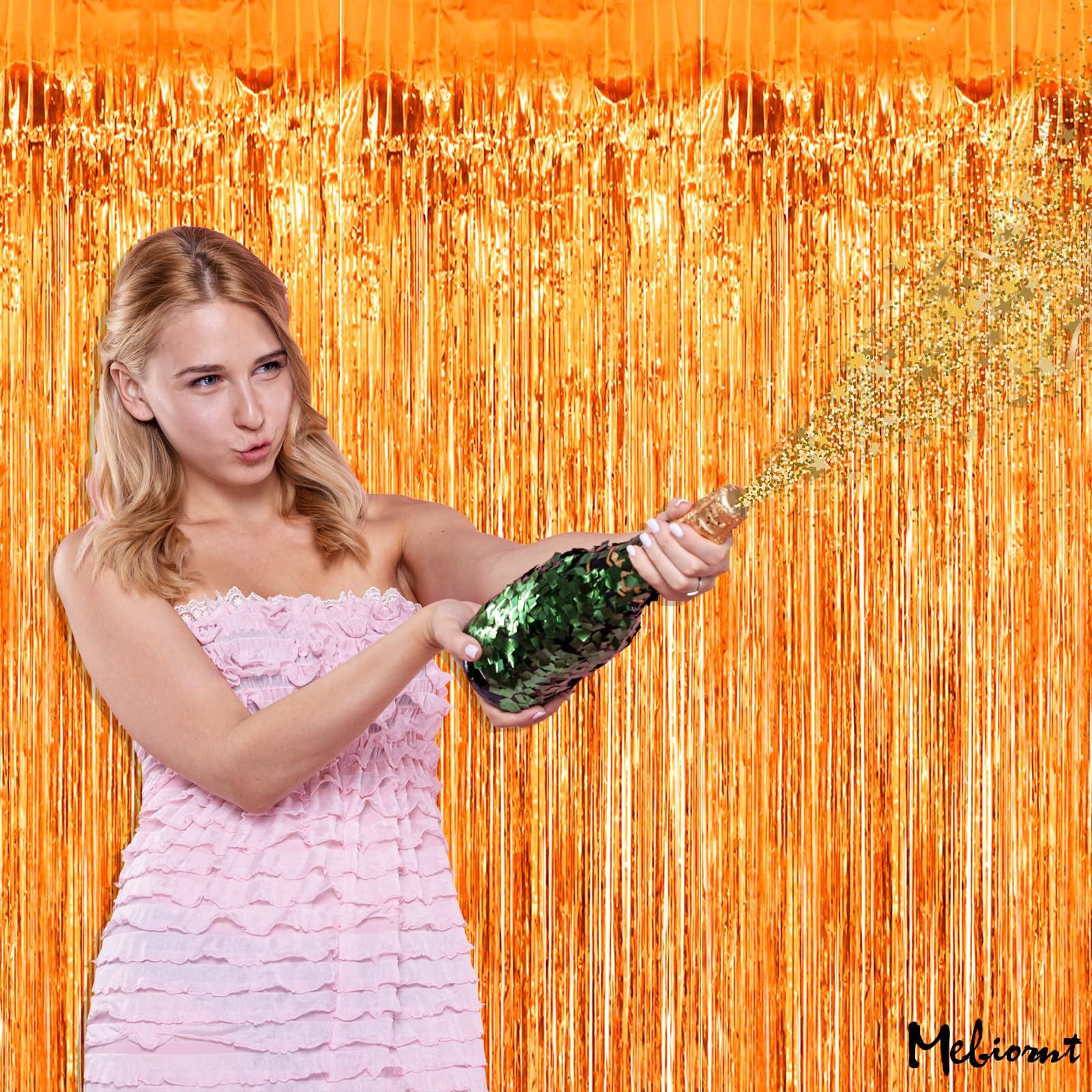 4 Pack Orange Fringe Curtain Backdrop, 3.2Ft X 6.6Ft Metallic Tinsel Foil Fringe Streamers Curtains Background For Photo Booth B