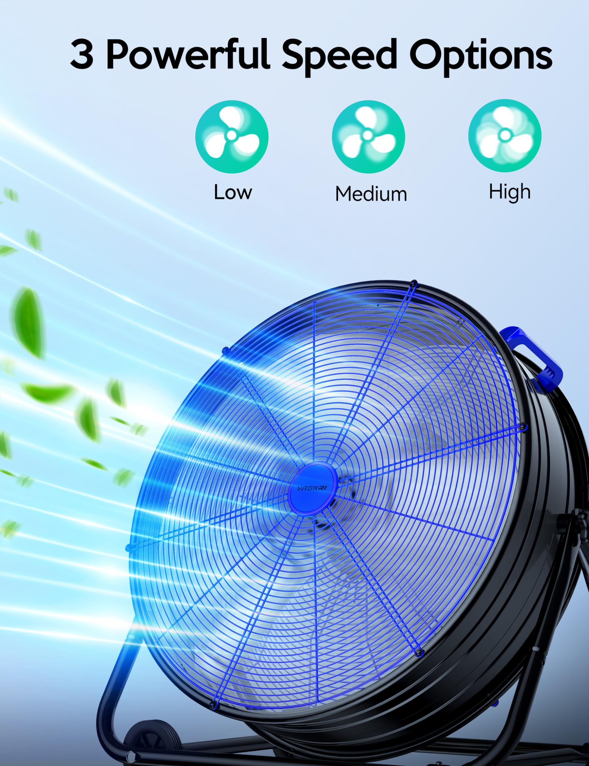 Vagkri 24 Inch Industrial Drum Fan, 320W High Velocity Floor Fan, 3 Speed Heavy Duty Metal Air Circulator, 360 Tilt With Casters