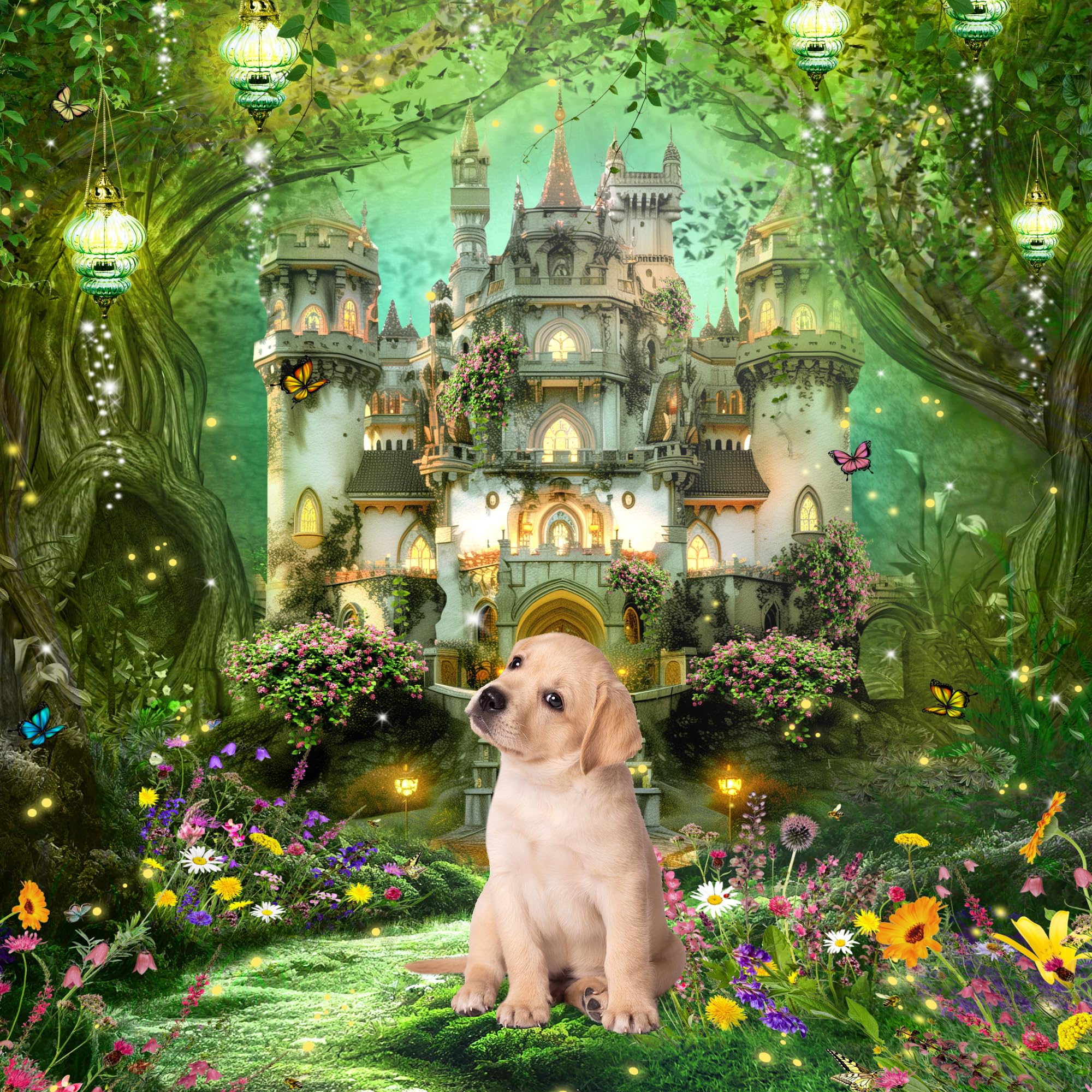 Riyidecor Enchanted Fairy Castle Backdrop Polyester Fabric Greenery Woodland Tale Wonderland Garden 5Wx7H Feet Wildflower Floral