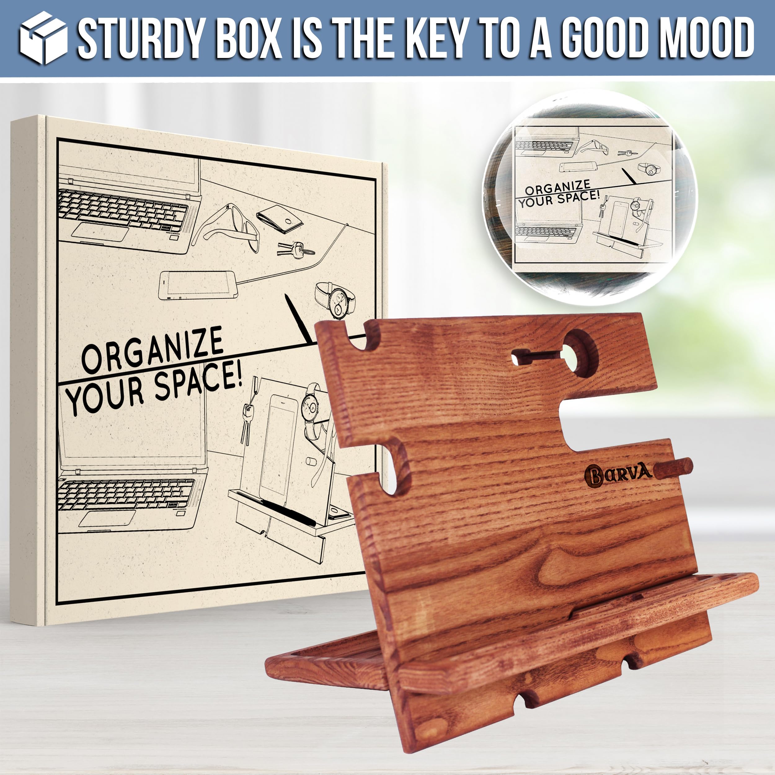 Barva Wood Docking Station Farmhouse Decor Nightstand Organizer Phone Wallet Watch Stand Key Holder Bedside Charging Dock Desk A