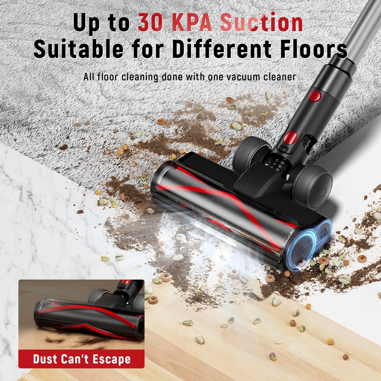 Cordless Vacuum Cleaner, 30Kpa Home Stick Vacuum, Smart Display & 1.5L Dust Cup, 55Mins Max Runtime, Rechargeable Lightweight Ha