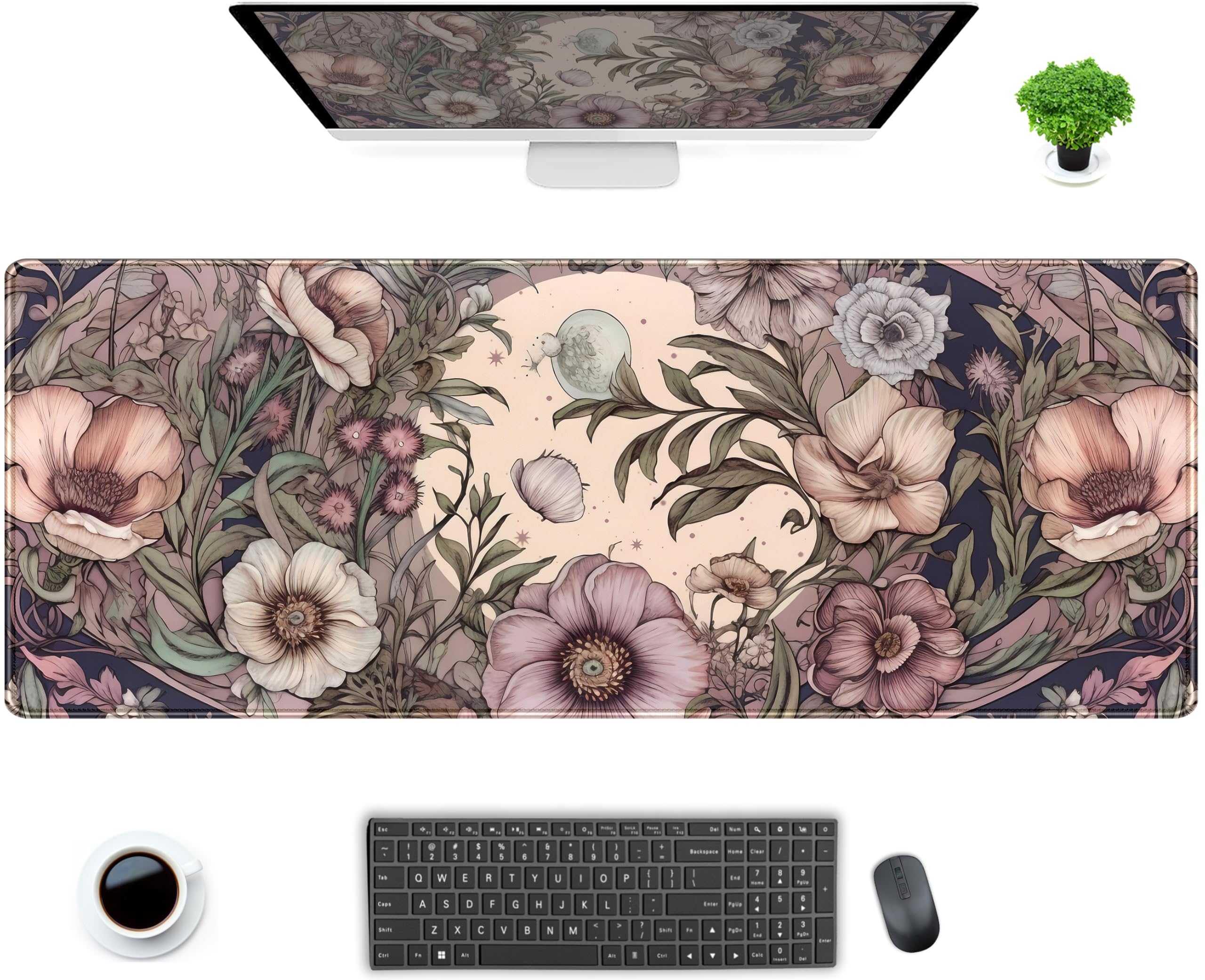 Pastel Purple Floral XL Large Gaming Mouse Pad Pink Flower Forest Desk Mat with Stitched Edges, Non-Slip Rubber Base Mousepad La