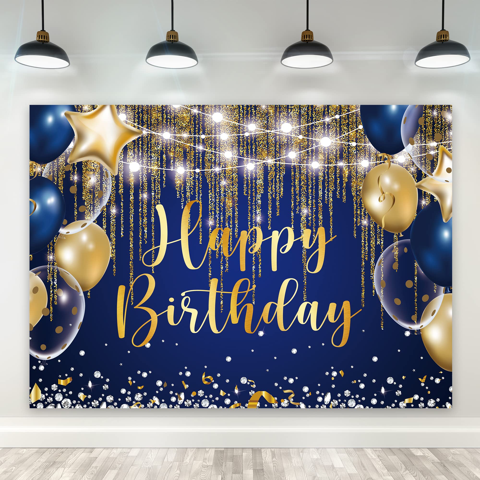 Riyidecor Blue Gold Happy Birthday Navy Royal Backdrop 7Wx5H Feet Polyester Fabric Men Boy Golden Dot Balloon Diamond Sparkle Co