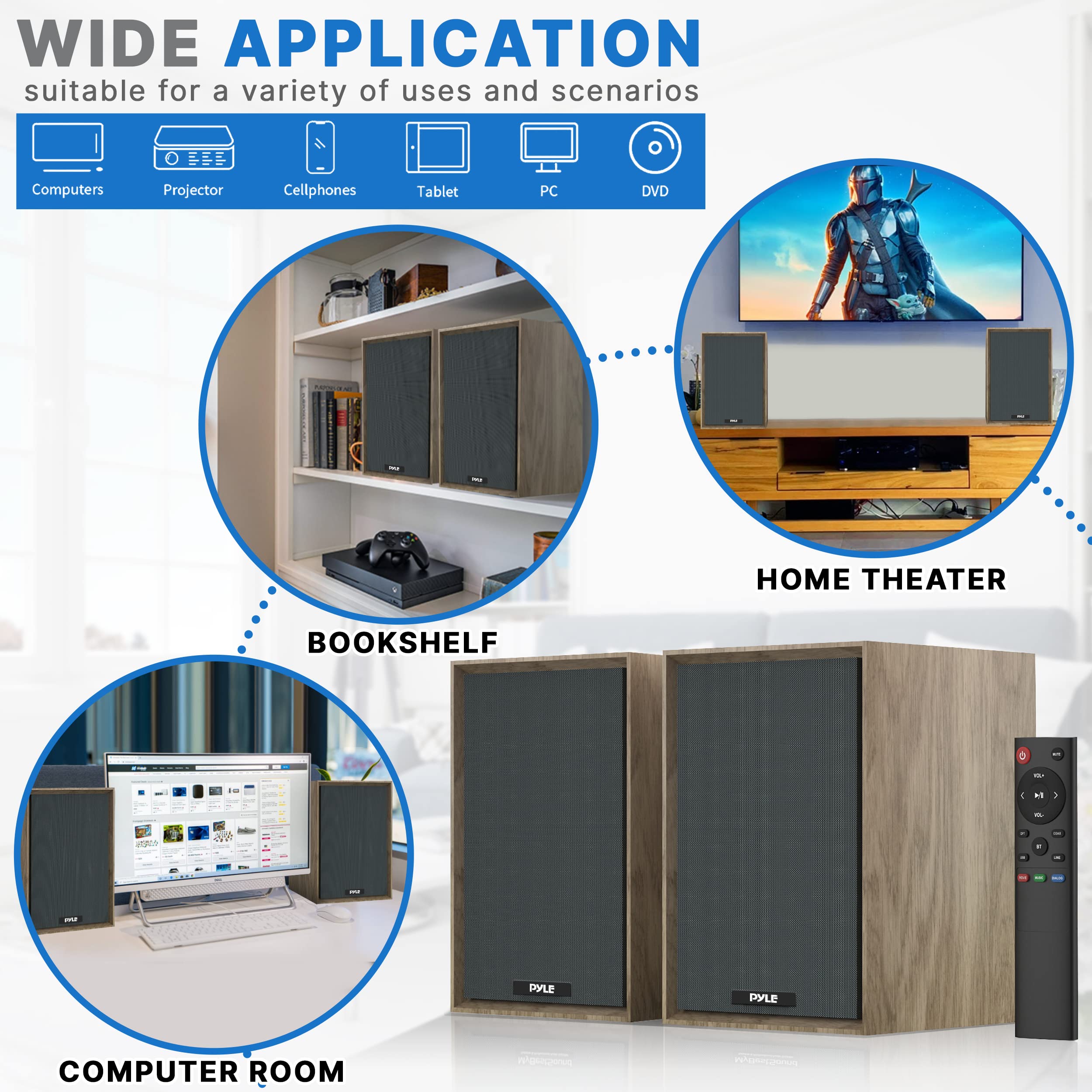 Pyleusa Powered Bookshelf Speaker Monitors Hifi Studio Monitor Computer Desk Stereo Speaker System Opt/Coax/Rca/Usb/Aux Out Conn